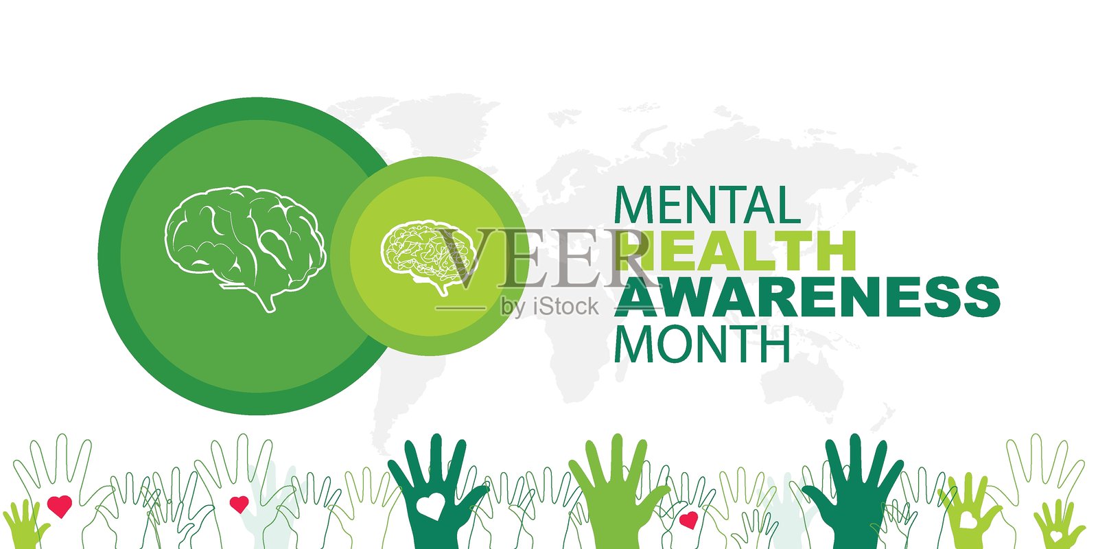 五月是心理健康意识月横幅。心理健康意识是一个年度活动，旨在提高对心理健康的关注。矢量设计插图。插画图片素材
