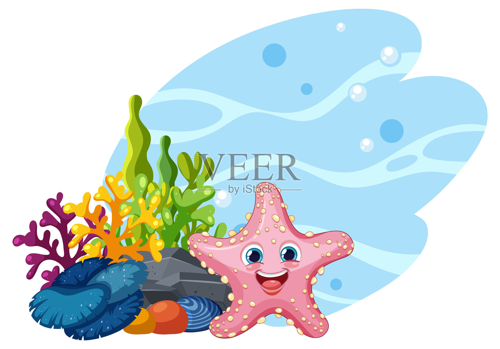 快乐的海星在生机勃勃的珊瑚礁中插画图片素材
