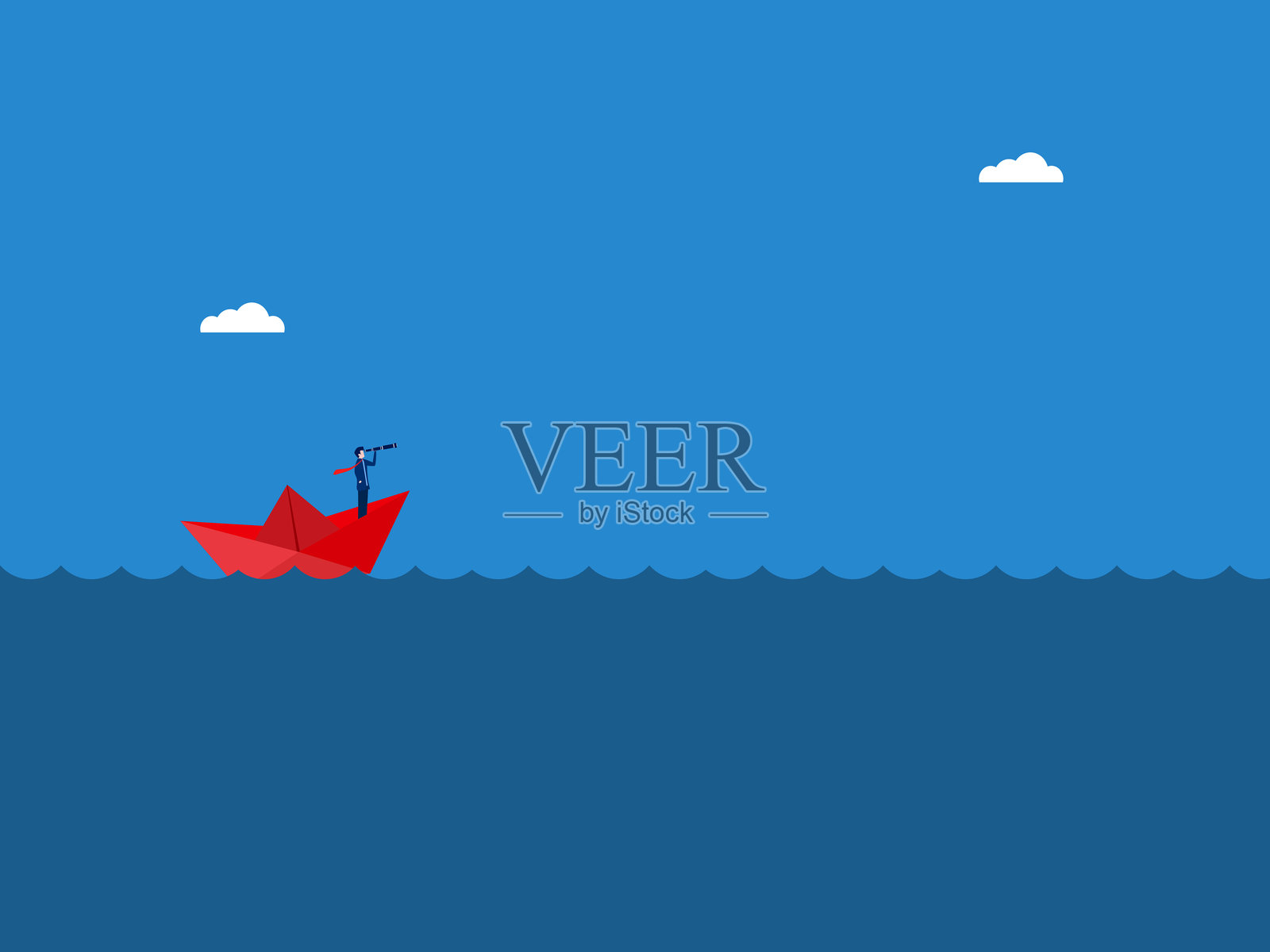 商人手持望远镜在纸船上探索海洋插画图片素材