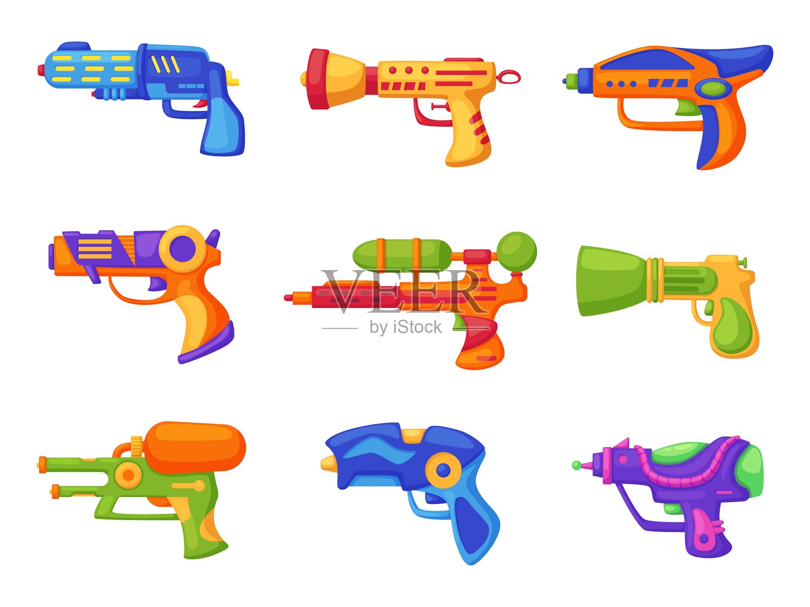 玩具武器塑料套装。明亮的手枪和枪支，发射器，水枪。儿童游戏卡通配件，活跃的玩耍和射击。现代矢量剪贴画插画图片素材