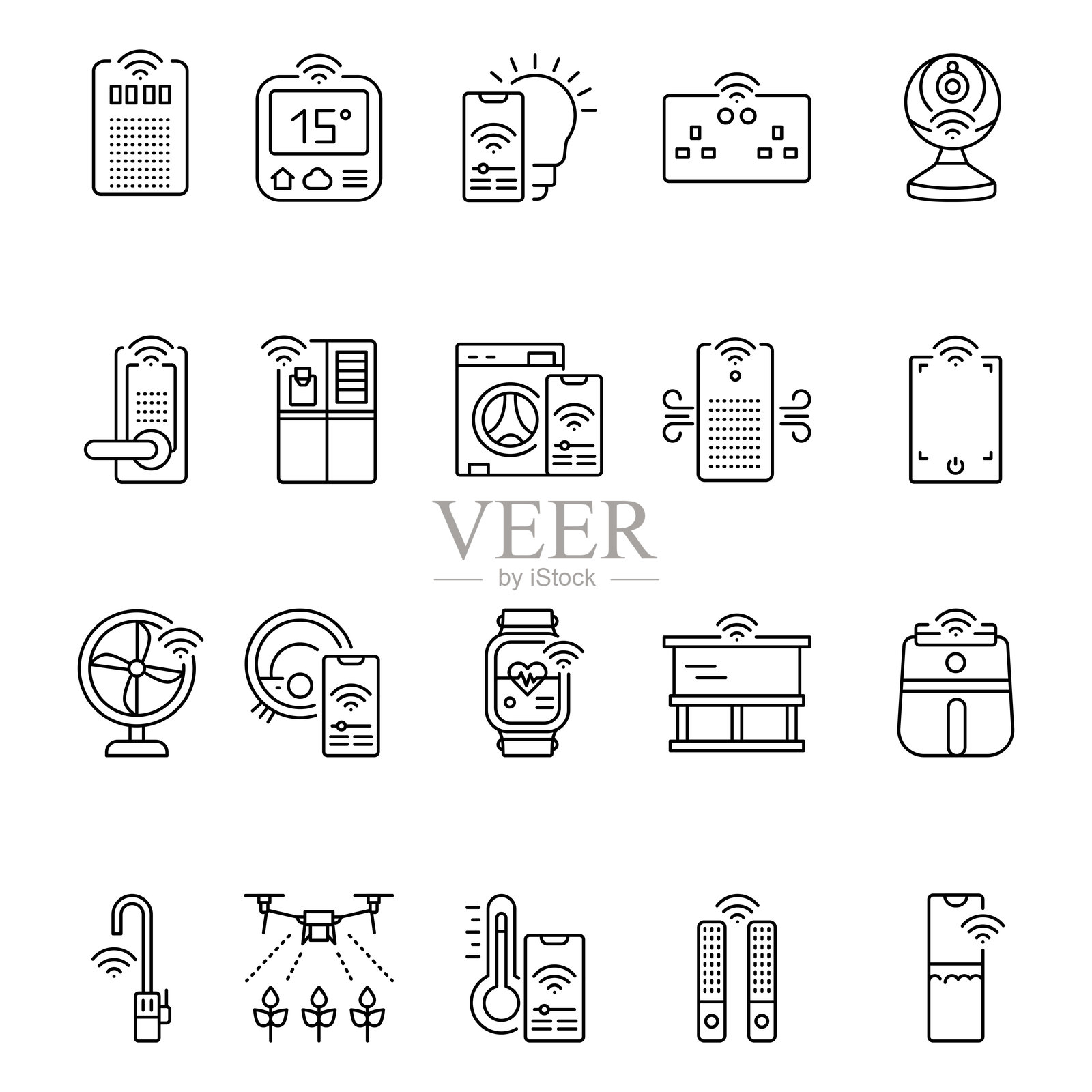 智能家居设备黑色线条图标，适用于数字和印刷项目。插画图片素材
