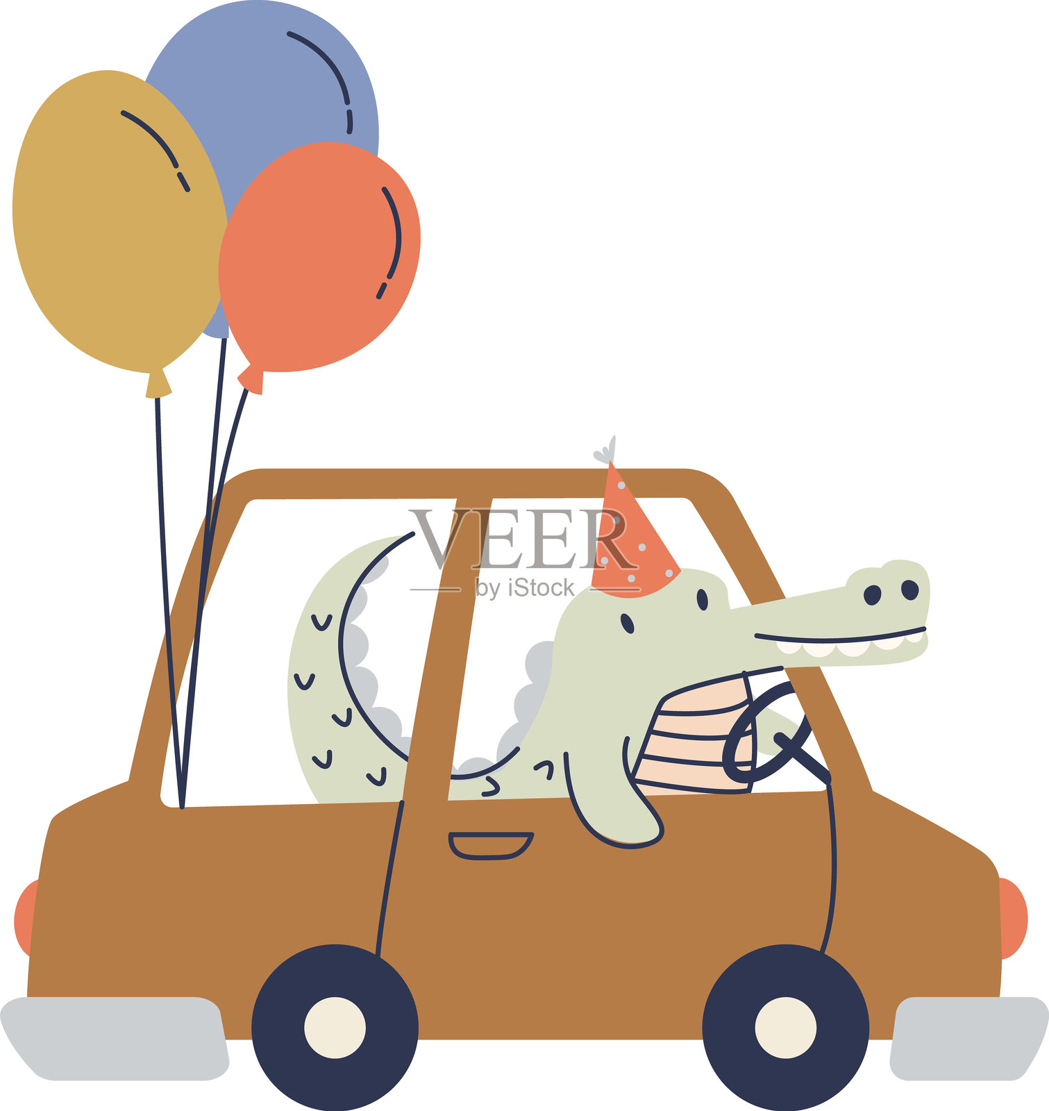 可爱的动物们在生日派对游行中开车经过插画图片素材