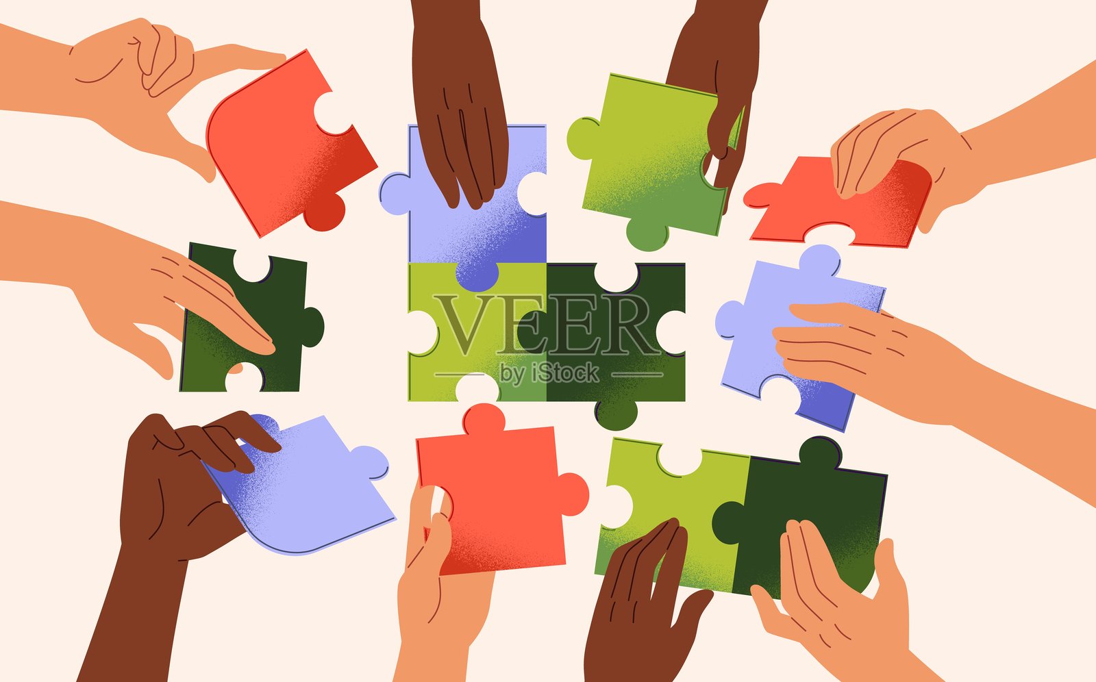 团队合作与伙伴关系的概念。多样化的人类手在合作中放置拼图。国际团队共同工作，联合解决拼图，共同参与项目。扁平化矢量插图。插画图片素材
