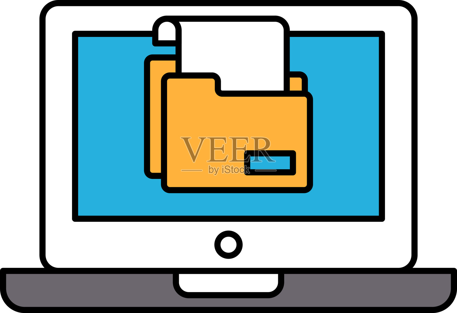 笔记本电脑屏幕上显示一个带有黄色文件夹图标的文件夹插画图片素材