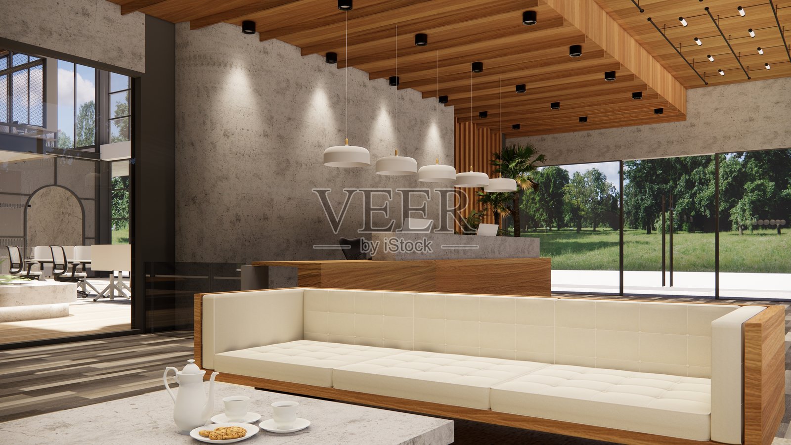 环保办公室空间的3D图像。环保共享办公空间的3D图像。照片摄影图片