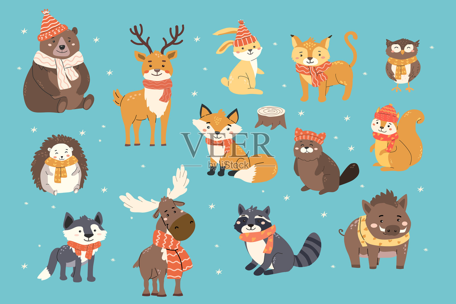 可爱的森林动物穿着冬季服装，背景为蓝色插画图片素材