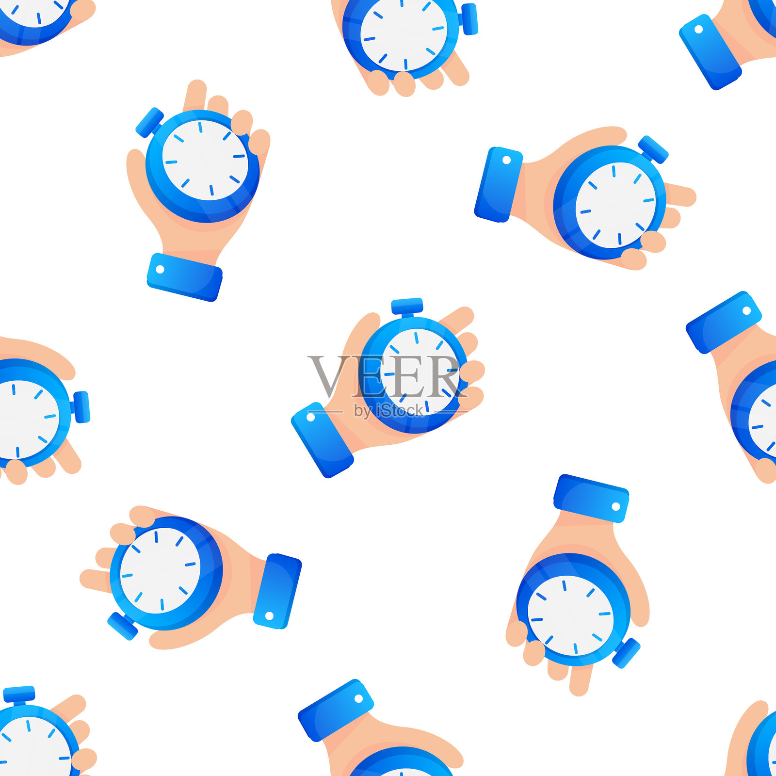 手握蓝色秒表的无缝图案插画图片素材