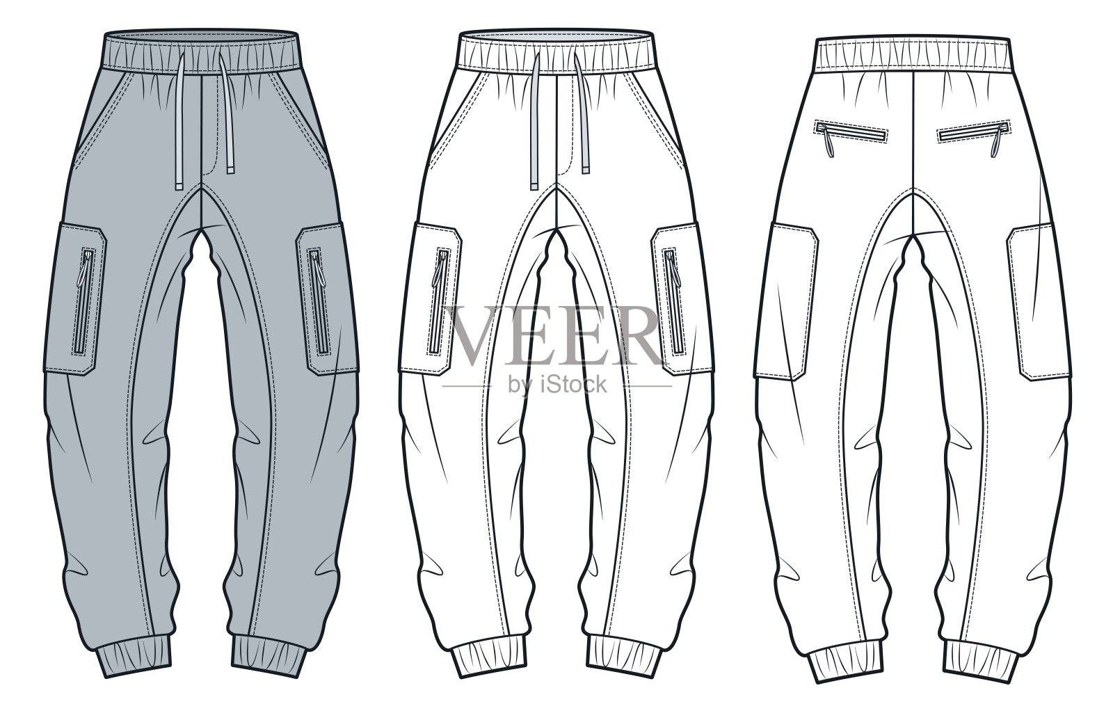货运慢跑裤技术时尚插图。针织裤技术时尚插图，弹性腰带，口袋，正面和背面视图，白色，灰色，男女通用CAD模型套件。插画图片素材