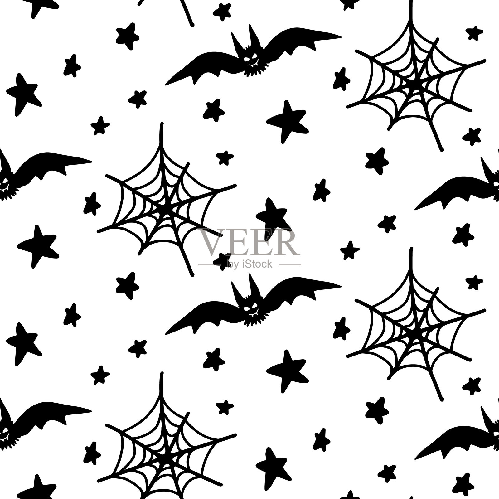 万圣节蝙蝠、星星、蜘蛛网的无缝图案，独立于白色背景。适合季节性设计、儿童游戏室的纺织品装饰或贺卡的可爱插图。手绘涂鸦风格。插画图片素材