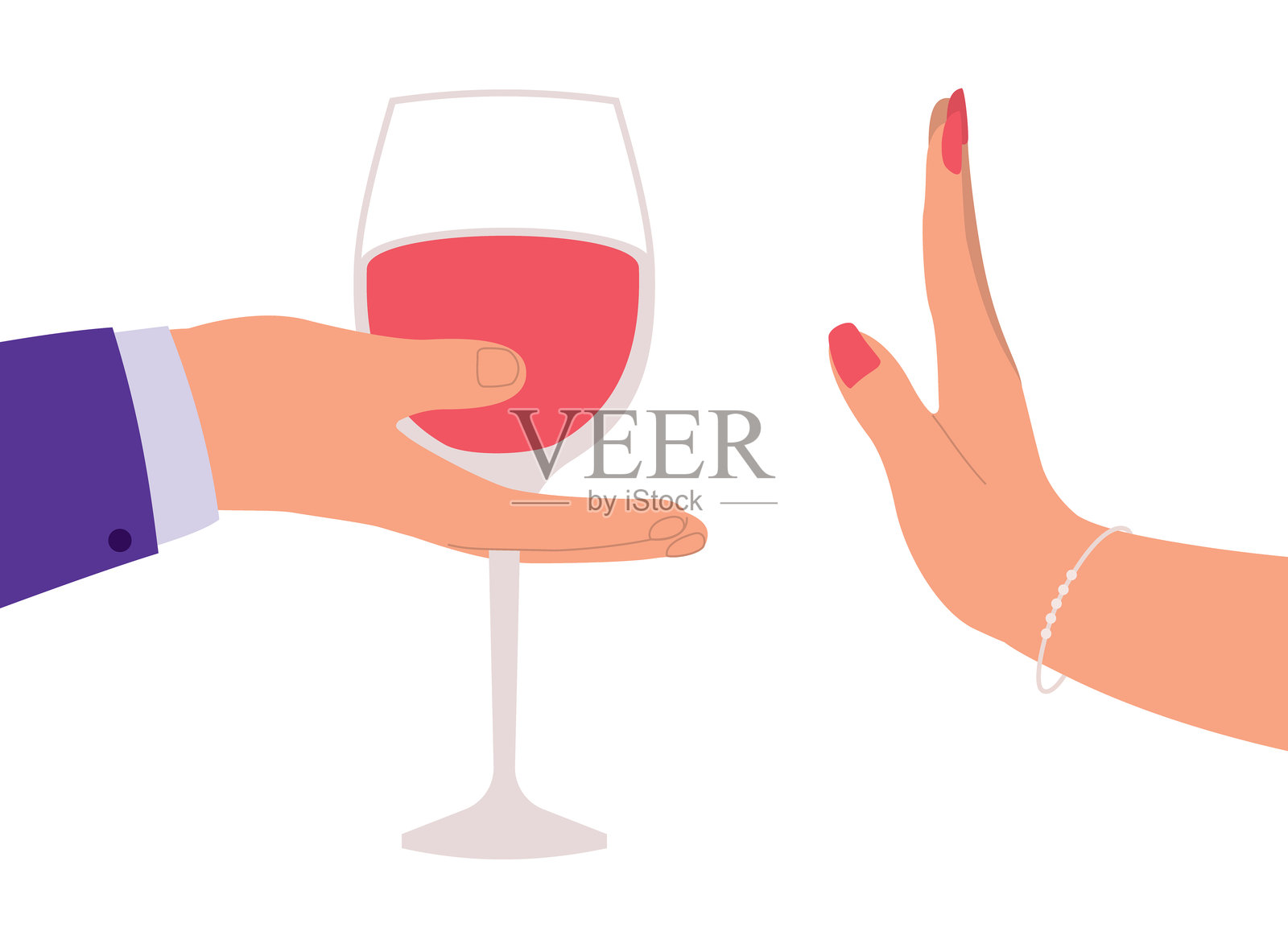 女性的手做出停止手势，拒绝一名男子提供的酒。停止。拒绝。抵制。克制。不。停。插画图片素材