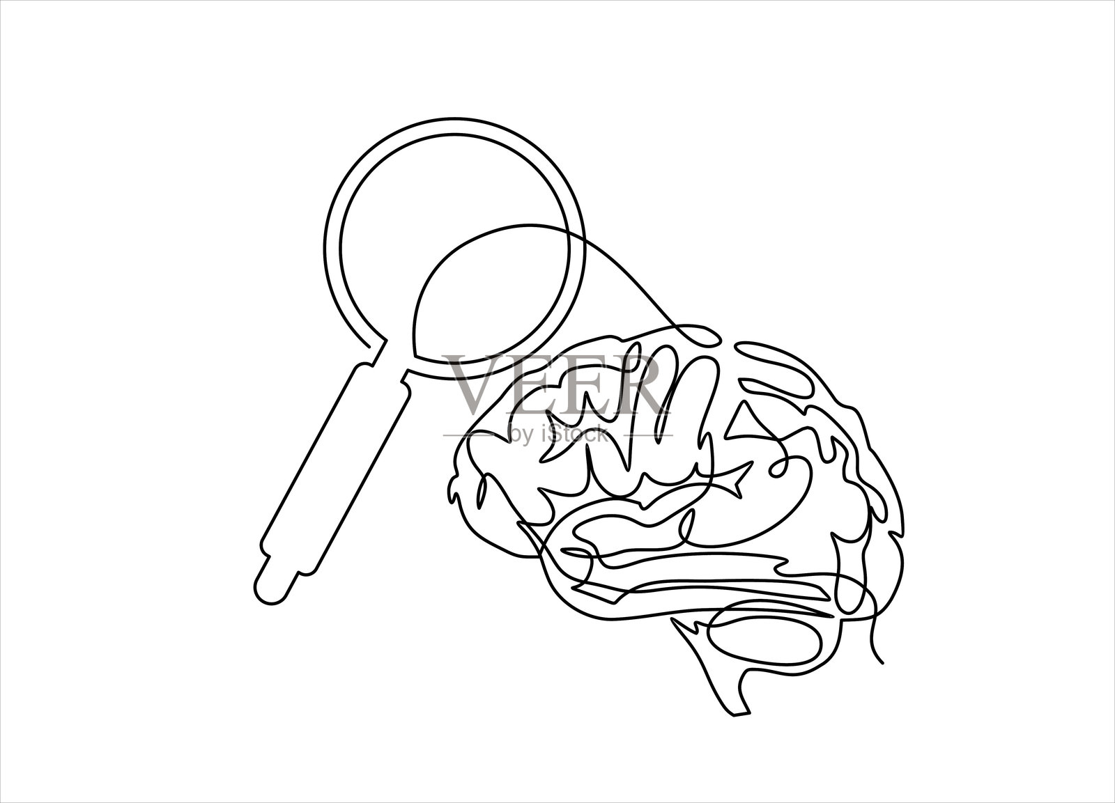 放大镜与大脑的连续线条插图插画图片素材