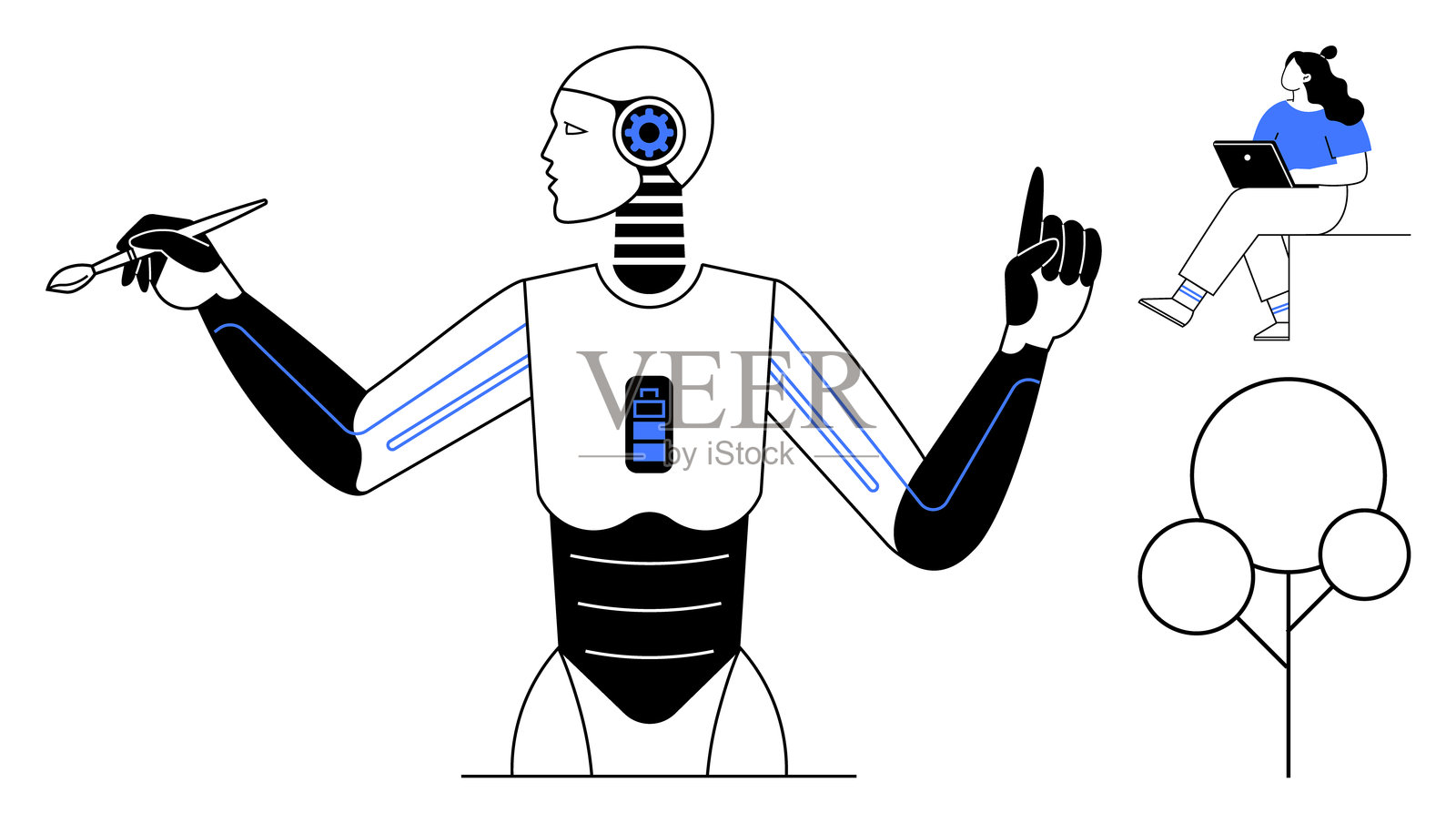 机器人手持画笔和电池图标指向上方，旁边的女性在树下使用笔记本电脑。插画图片素材