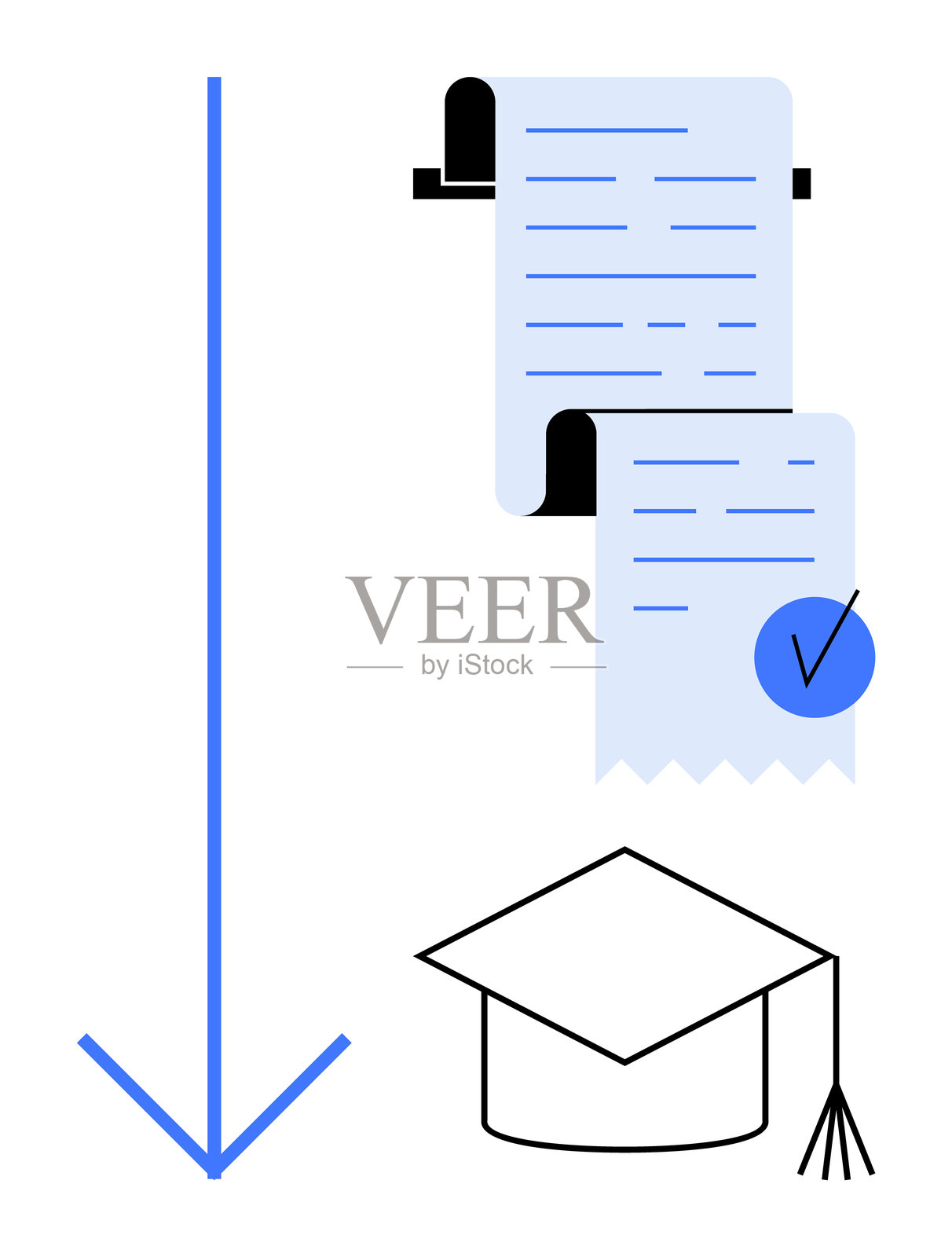 教育成就与文凭卷轴和毕业帽的概念插画图片素材