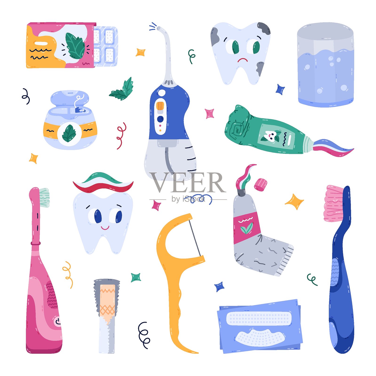 儿童卡通牙齿治疗套件，包含牙科产品和工具。手绘插图包括电动牙刷、牙线盒、冲牙器和快乐的牙齿角色。口腔医学概念，独立展示。插画图片素材