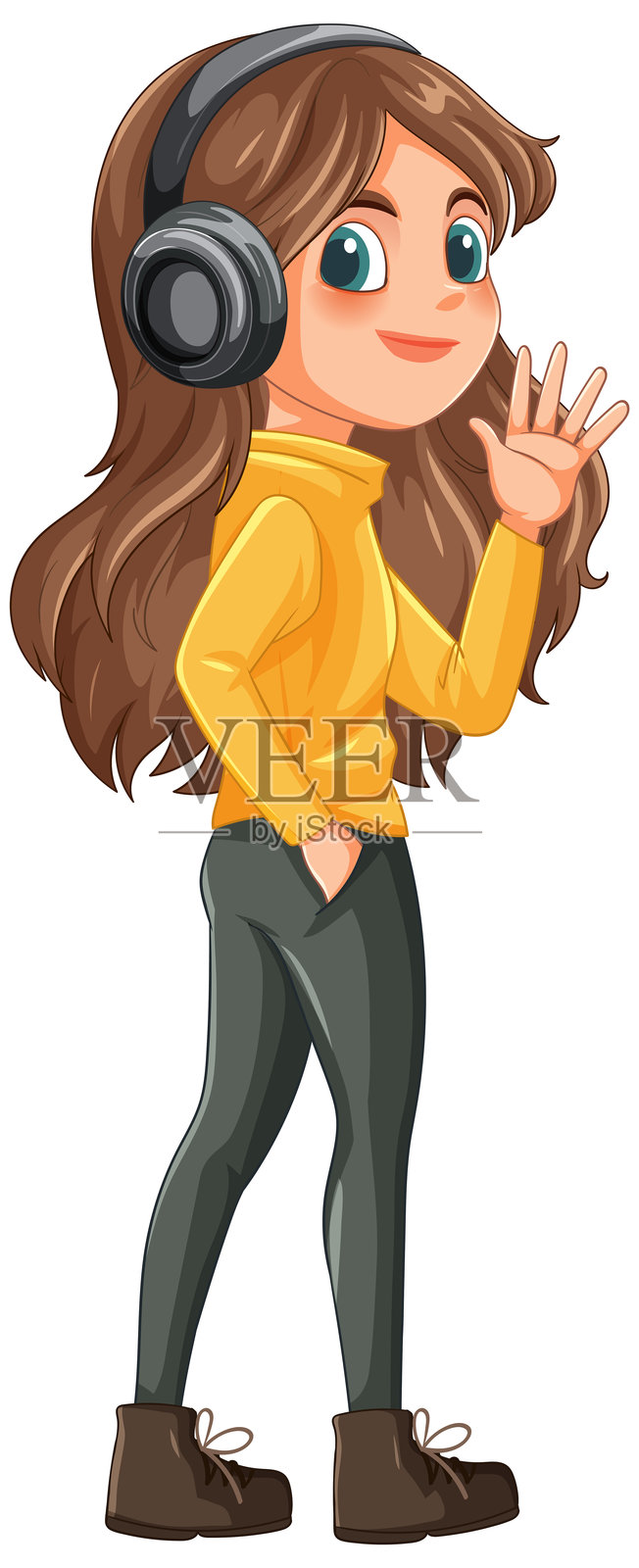 女孩戴着耳机听音乐插画图片素材