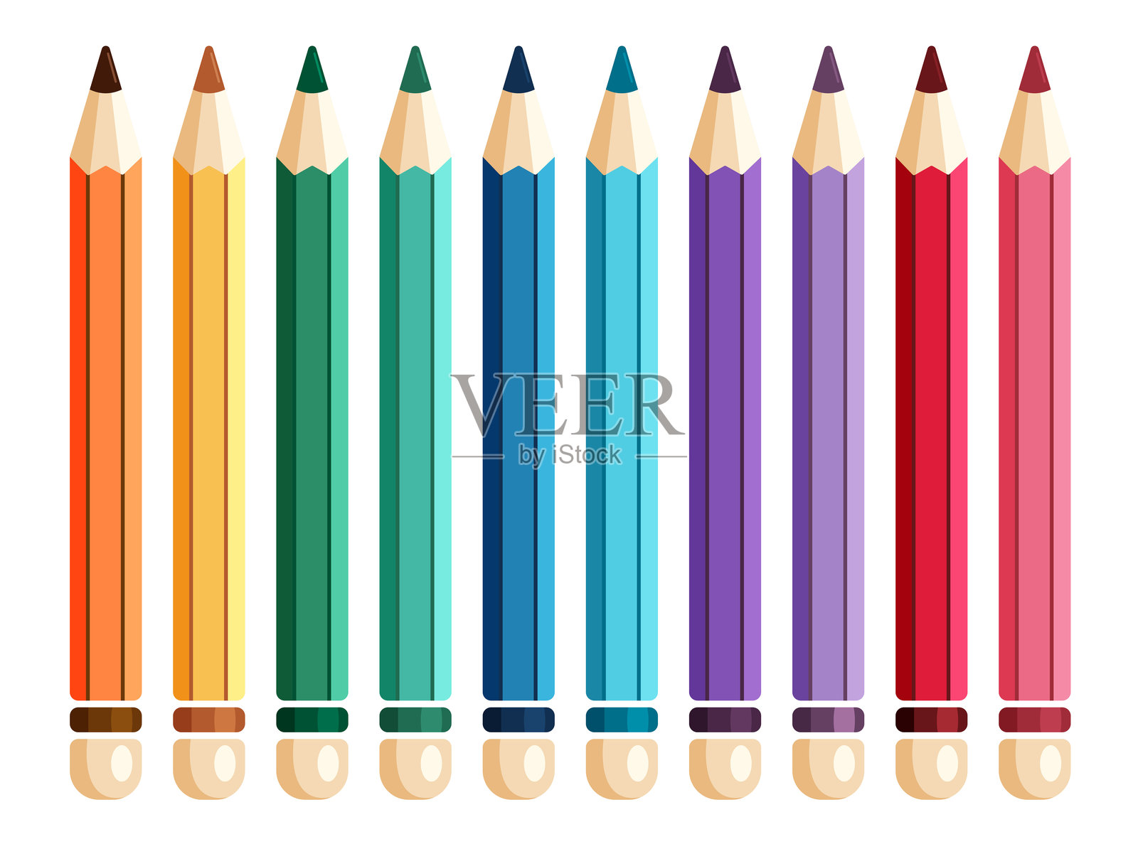 彩色铅笔多彩元素剪贴画套装。学校教育绘画用品、艺术材料和多彩铅笔剪贴画。插画图片素材