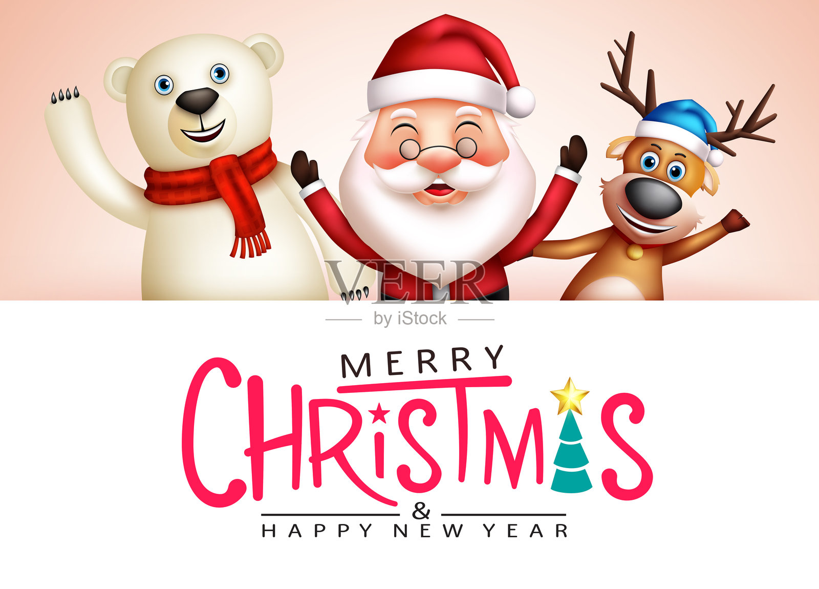 圣诞节矢量模板设计。快乐的圣诞节文字与快乐的圣诞老人、驯鹿和北极熊插画图片素材