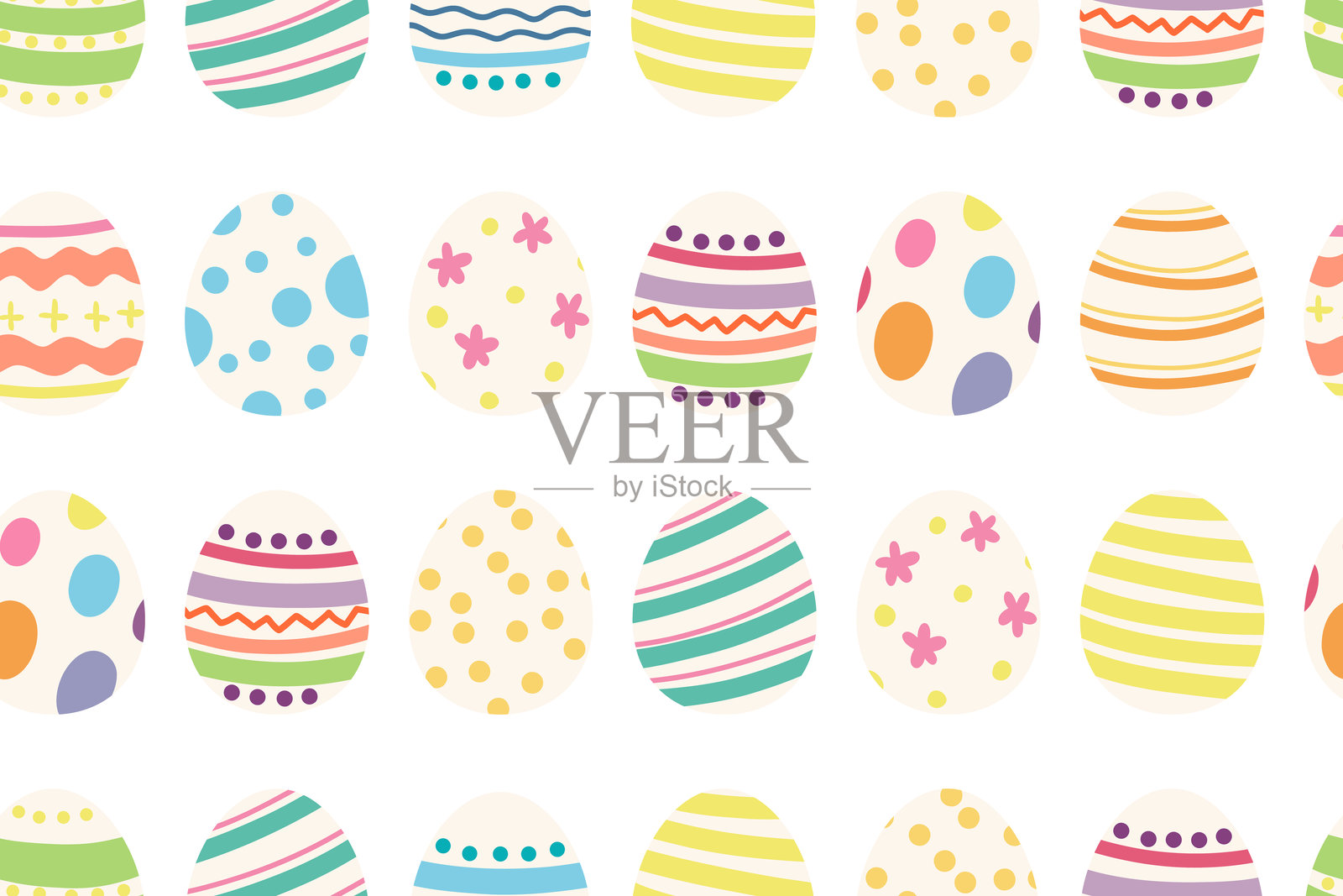 复活节彩蛋无缝图案。可爱的彩绘复活节彩蛋图案。节日插图，背景为白色。插画图片素材