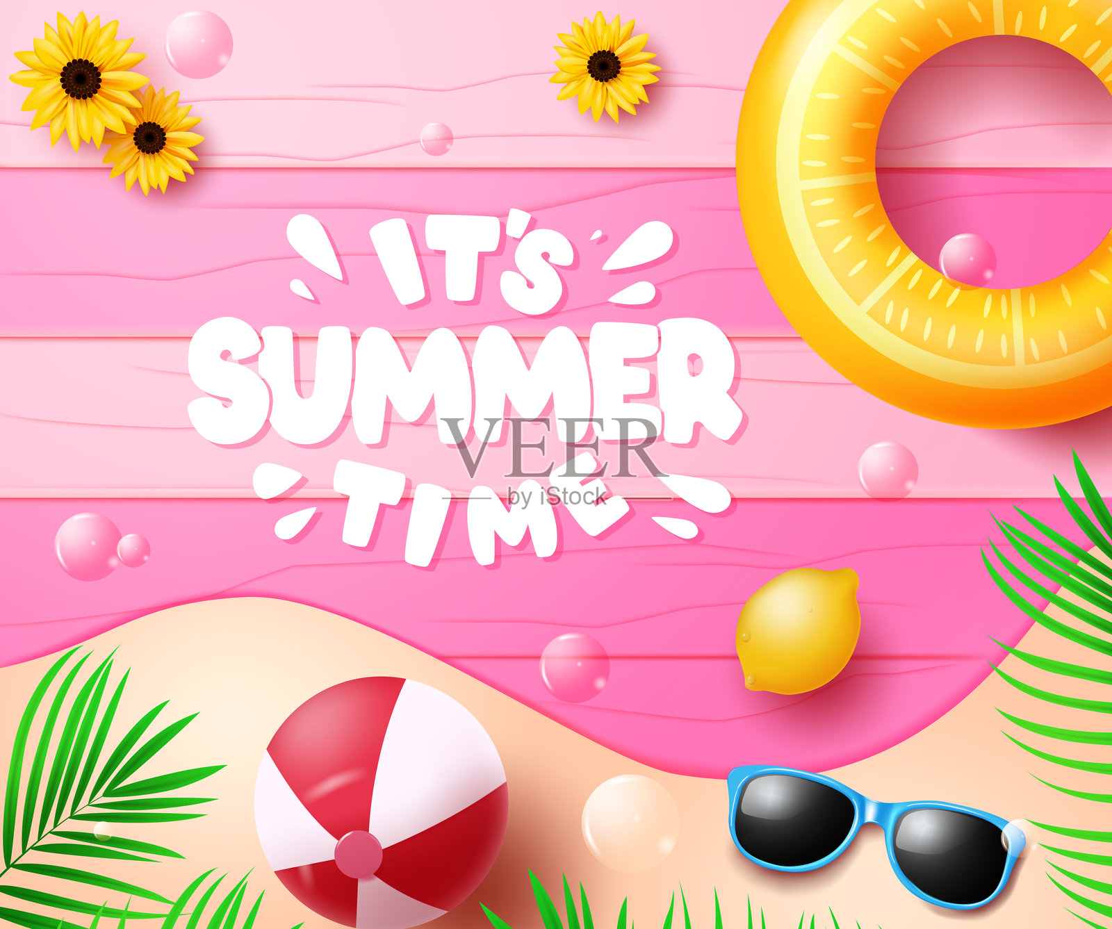 夏季矢量设计。粉色木质空间中的“夏季时光”文字与多彩的海滩元素。插画图片素材