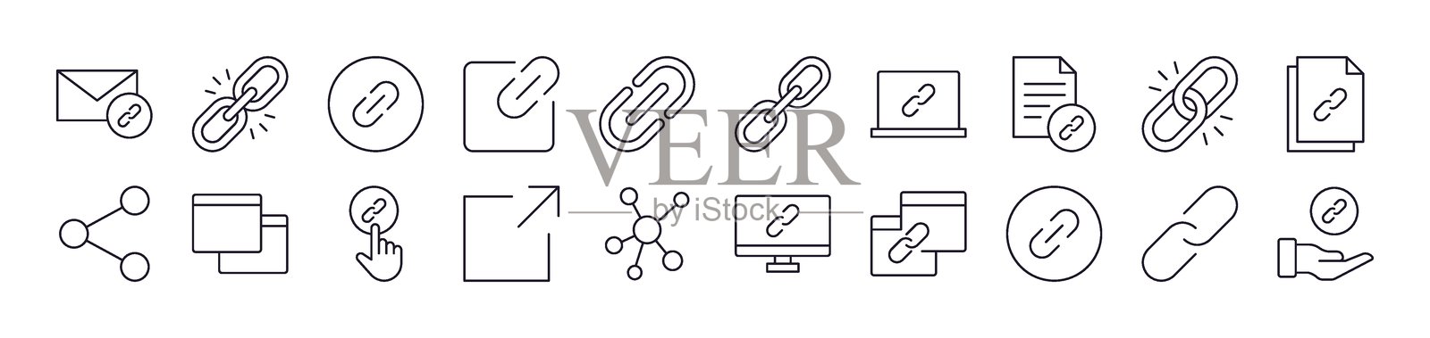链接和分享的线性图标包。可编辑的线条。用于卡片、应用程序、横幅和帖子设计的极简线性图标。插画图片素材