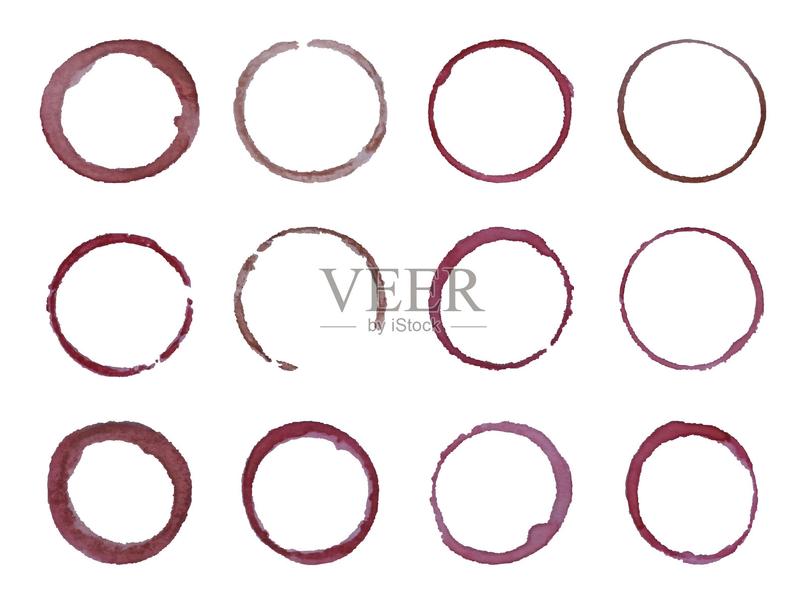 孤立的咖啡、茶和葡萄酒污渍。杯子印记。矢量插图。插画图片素材