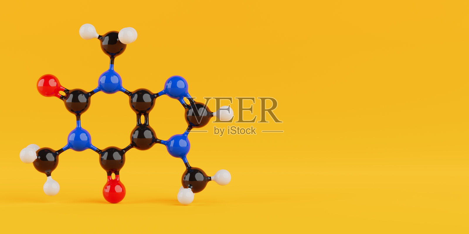 咖啡因分子的结构模型。3D渲染图照片摄影图片
