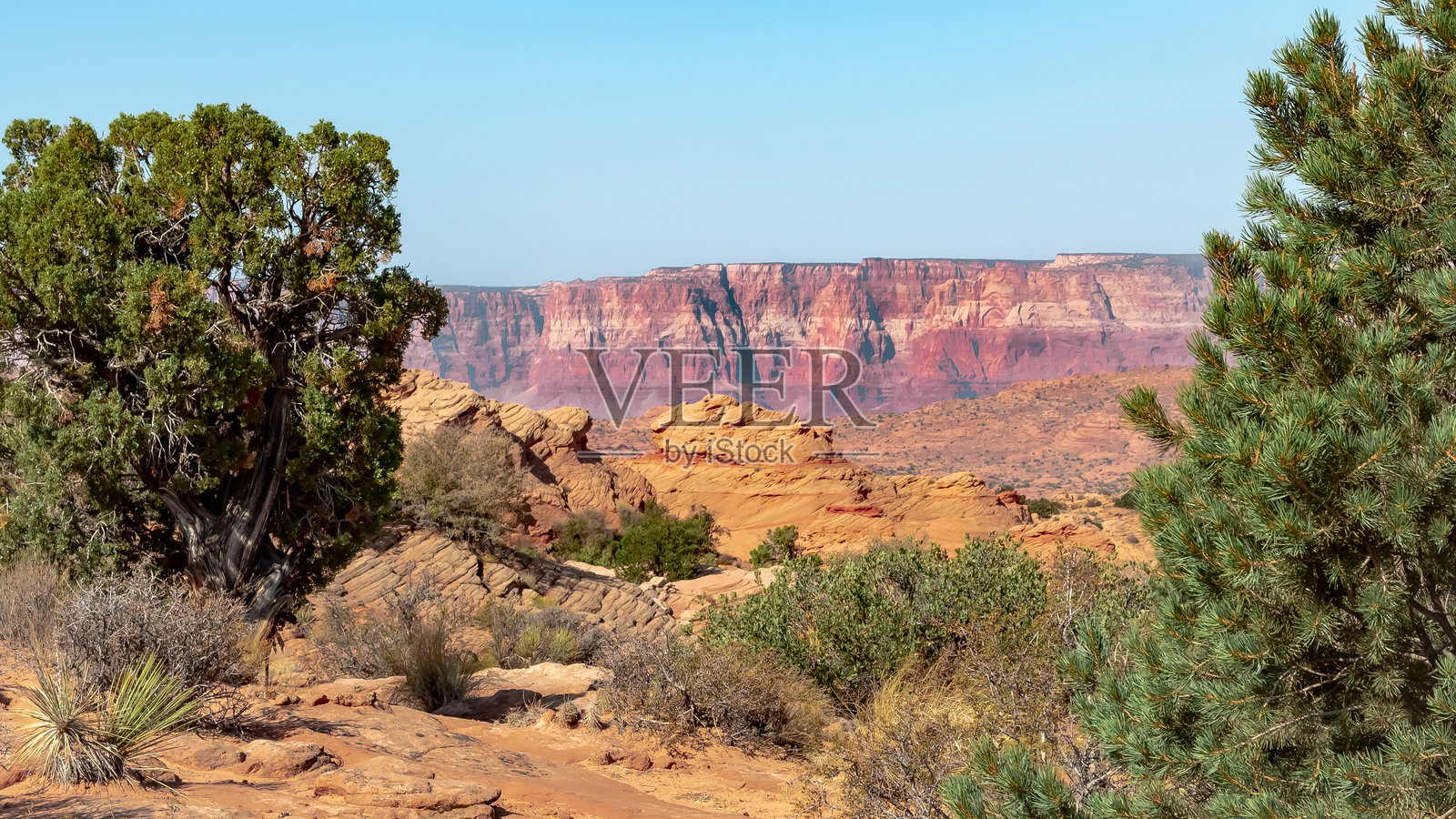 亚利桑那州北部和犹他州沙漠中的朱红色岩石，拍摄于晴朗的蓝天日。照片摄影图片