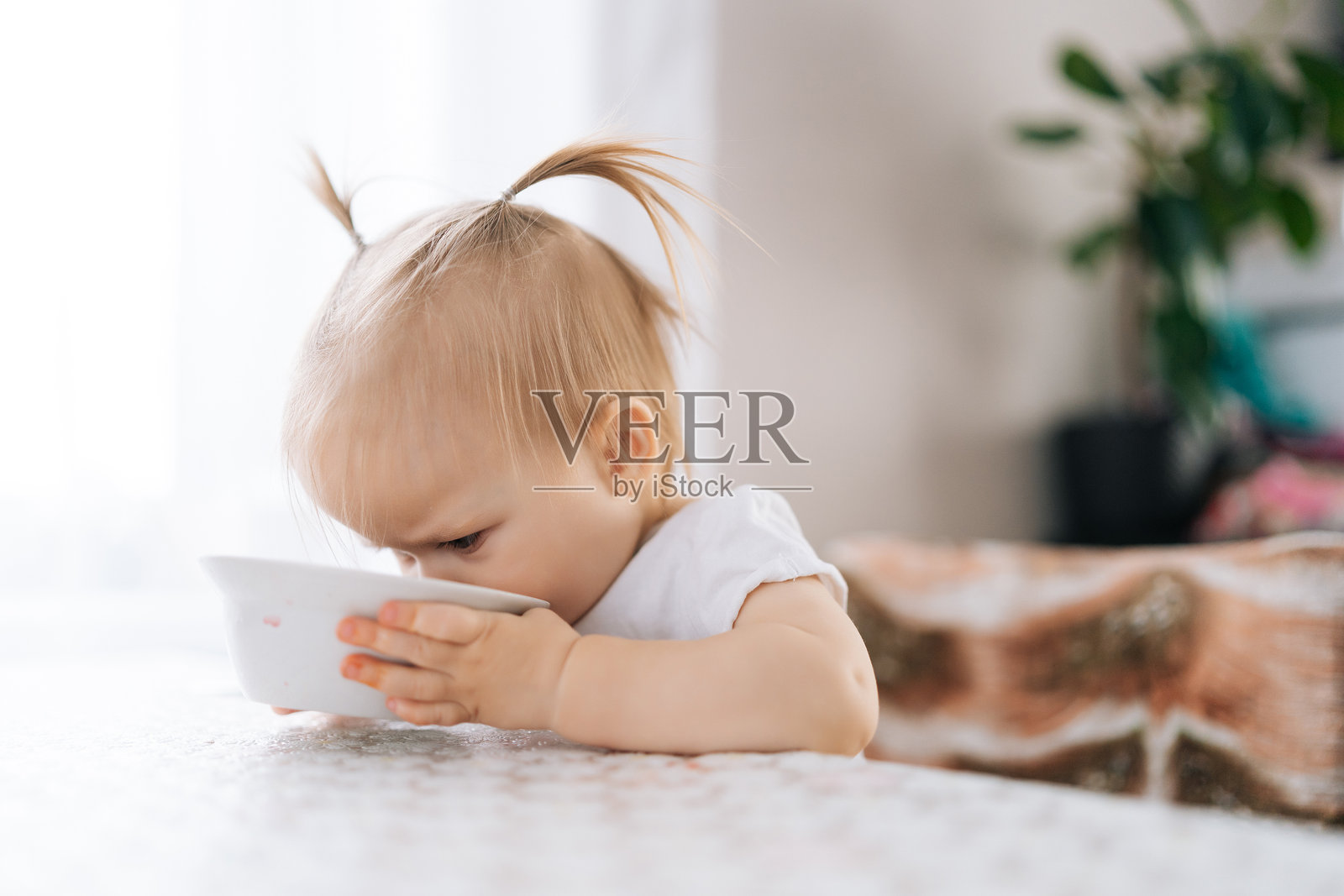 饥饿的搞笑小女孩用白色碗遮住脸，坐在明亮的餐厅木桌前享用美味的甜菜汤。照片摄影图片