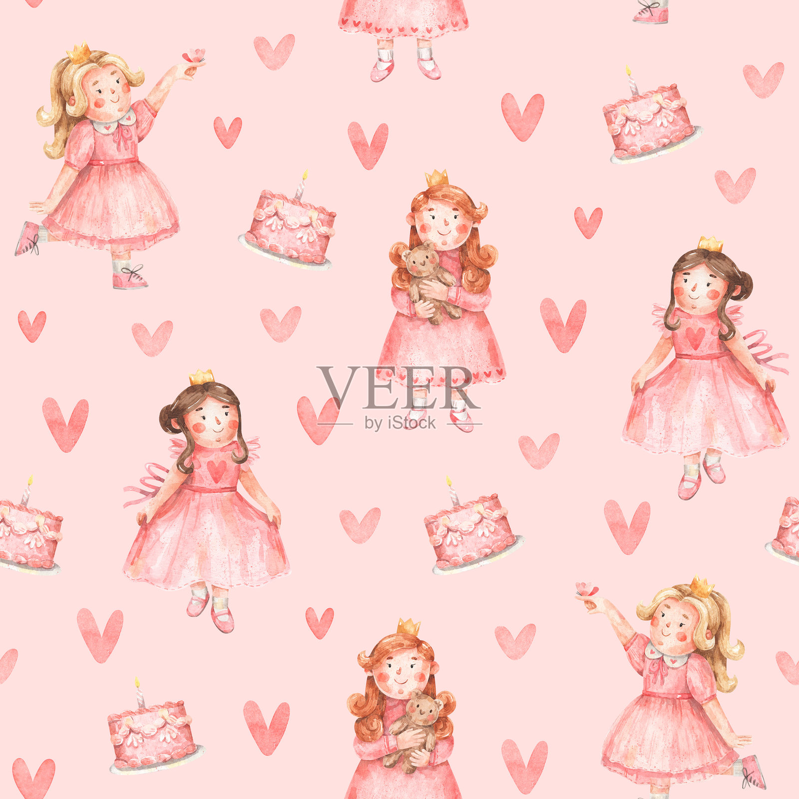 公主和蛋糕的生日图案插画图片素材