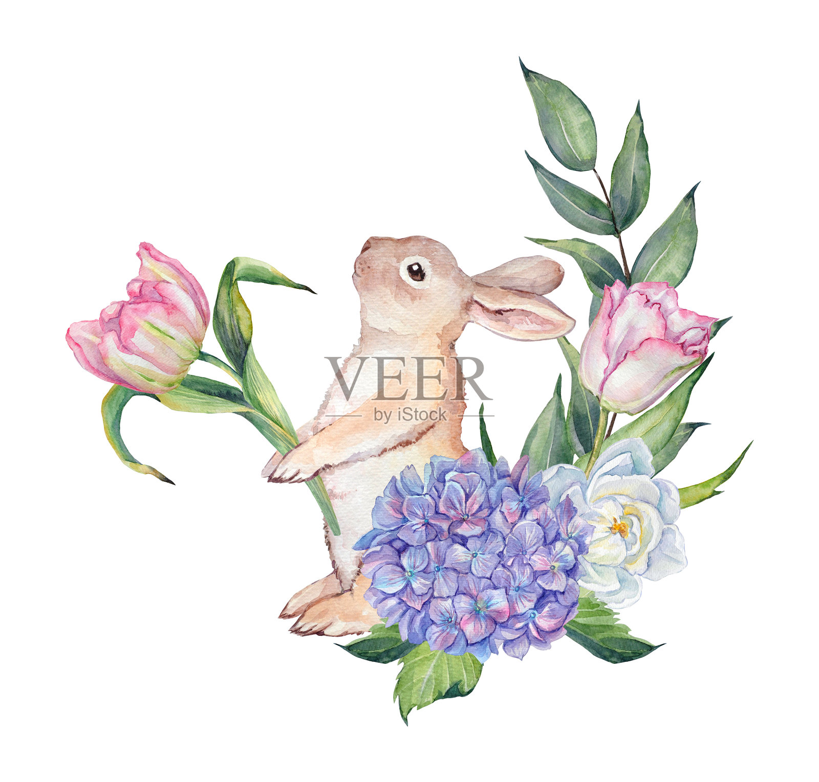 水彩春季作品，描绘一只坐在花丛中、手握郁金香的小兔子。插画图片素材