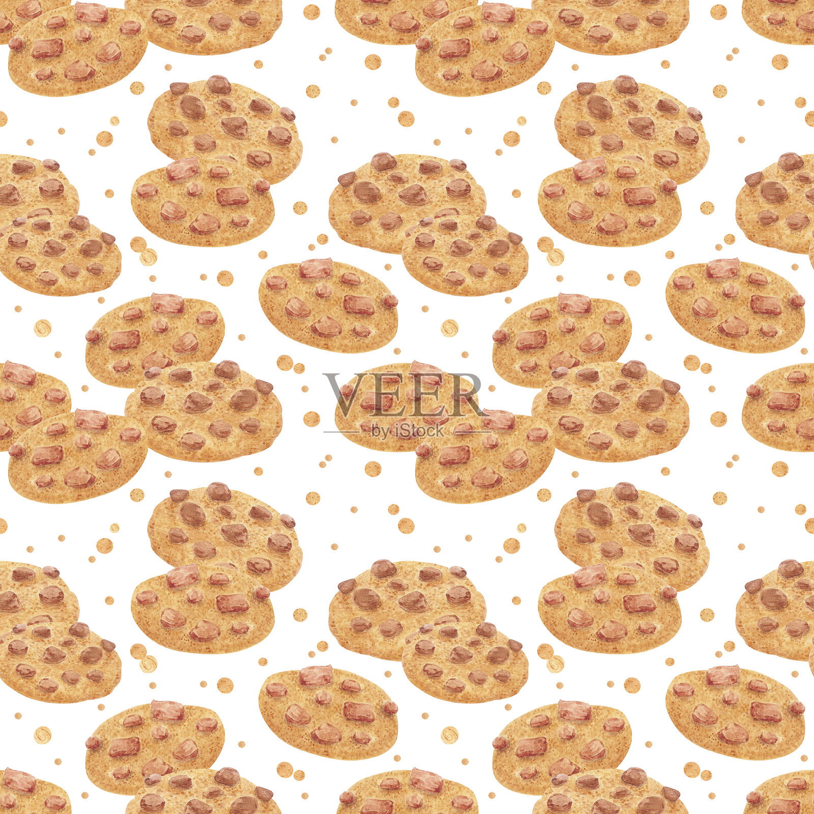 手绘水彩巧克力饼干与五彩纸屑的无缝图案，背景为白色。可用于纺织品、布料、剪贴簿及其他印刷产品。插画图片素材