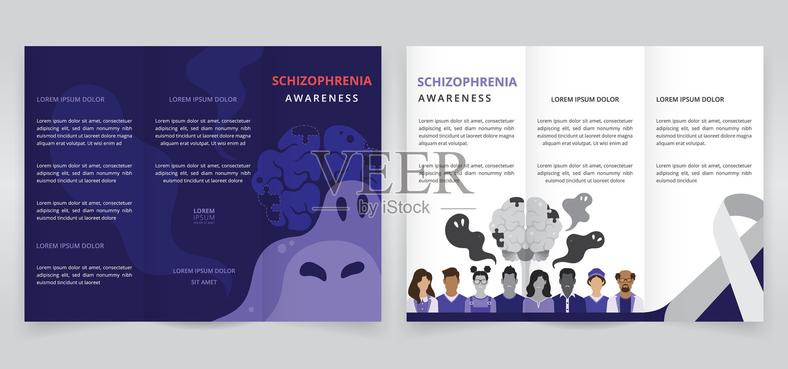 精神分裂症意识三折宣传册、宣传单或三联小册子模板，包含不完整的大脑拼图、幽灵、患者和医疗工作人员插画图片素材