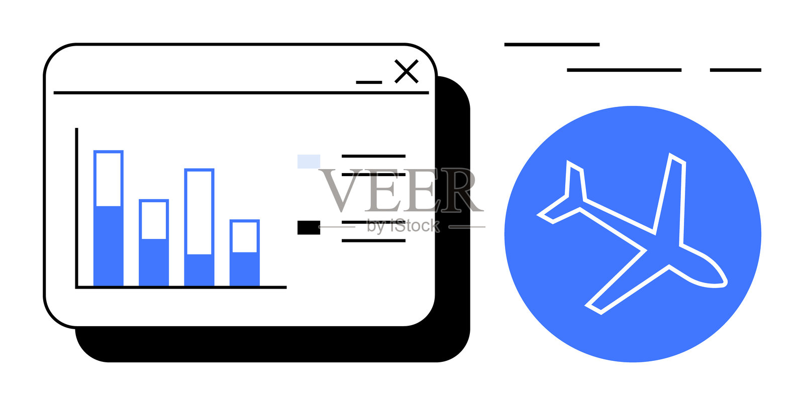 带有条形图和飞机图标的分析仪表板，代表旅行数据洞察插画图片素材