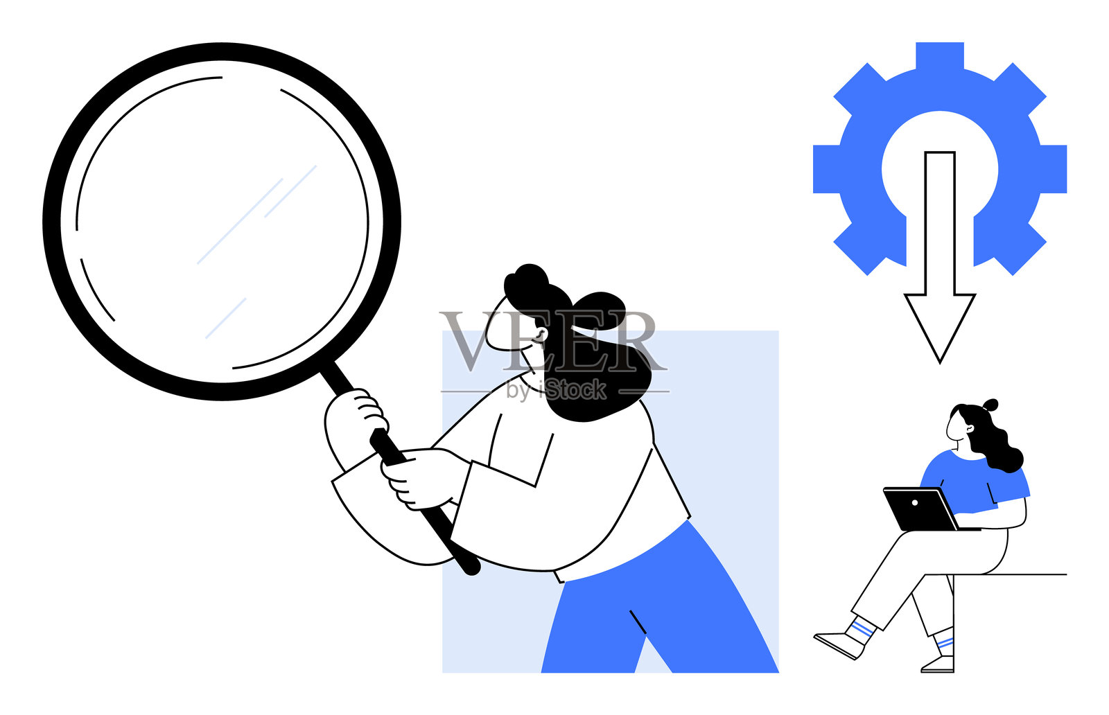 拿着放大镜的女人、带箭头的齿轮图标和坐着用笔记本电脑的女人插画图片素材