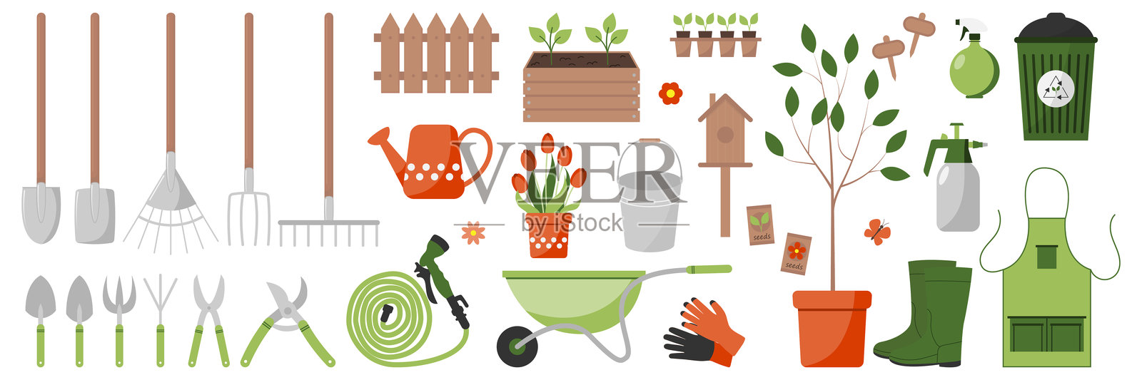 一套大型园艺工具和设备。园艺概念。用于印刷、包装或贴纸的设计元素。矢量插图插画图片素材