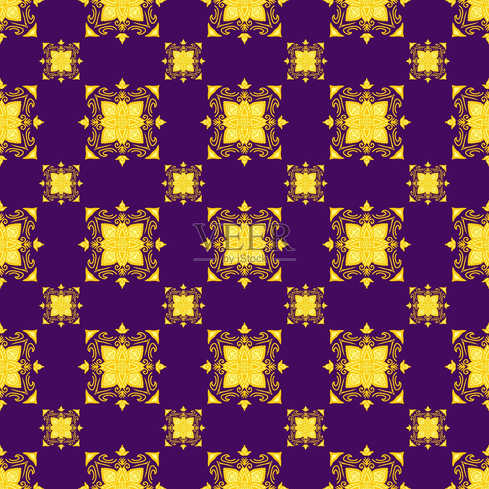 优雅的黄色和紫色花卉图案无缝设计，适用于纺织品和面料插画图片素材