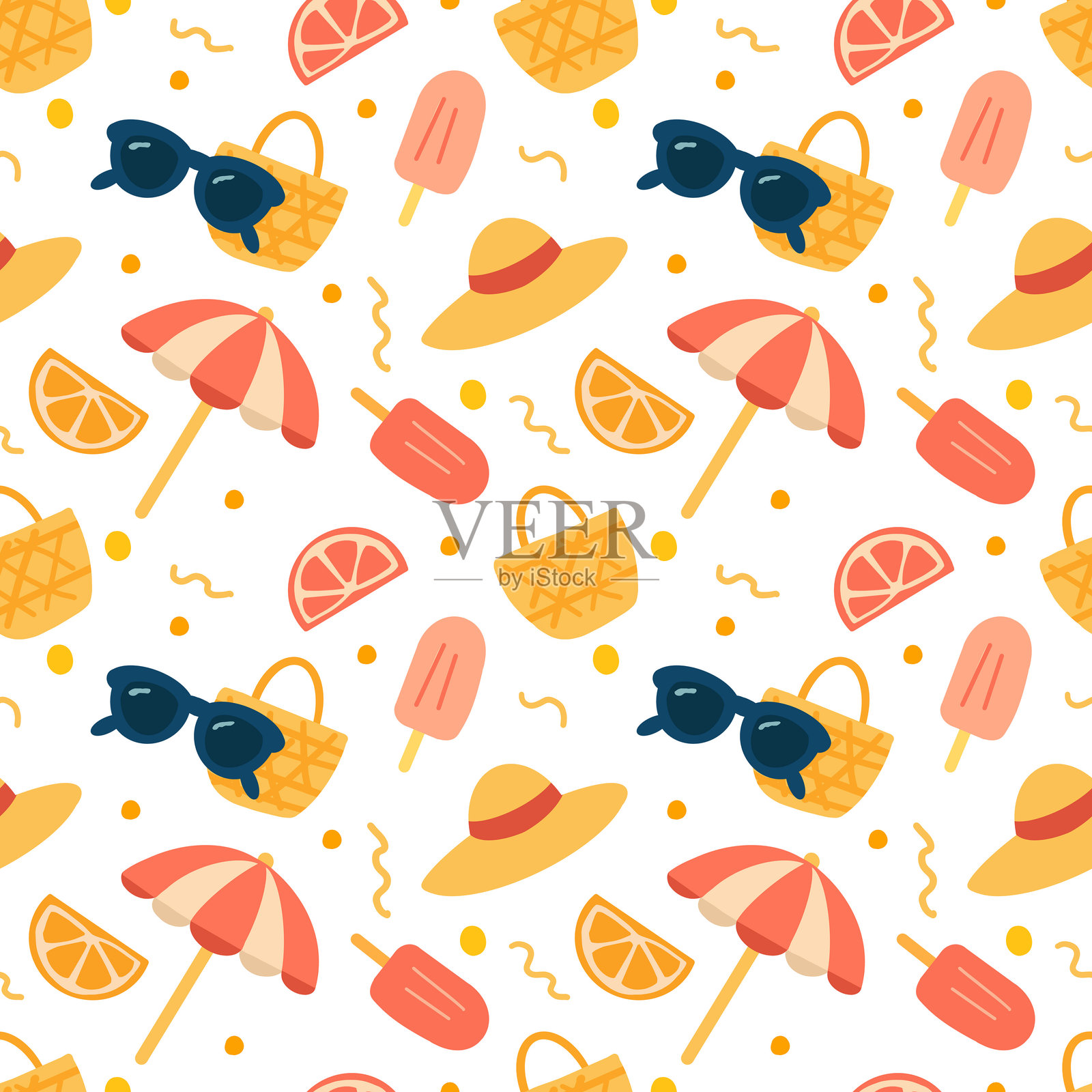 无缝夏季图案，包含平面卡通风格的海滩配件插画图片素材