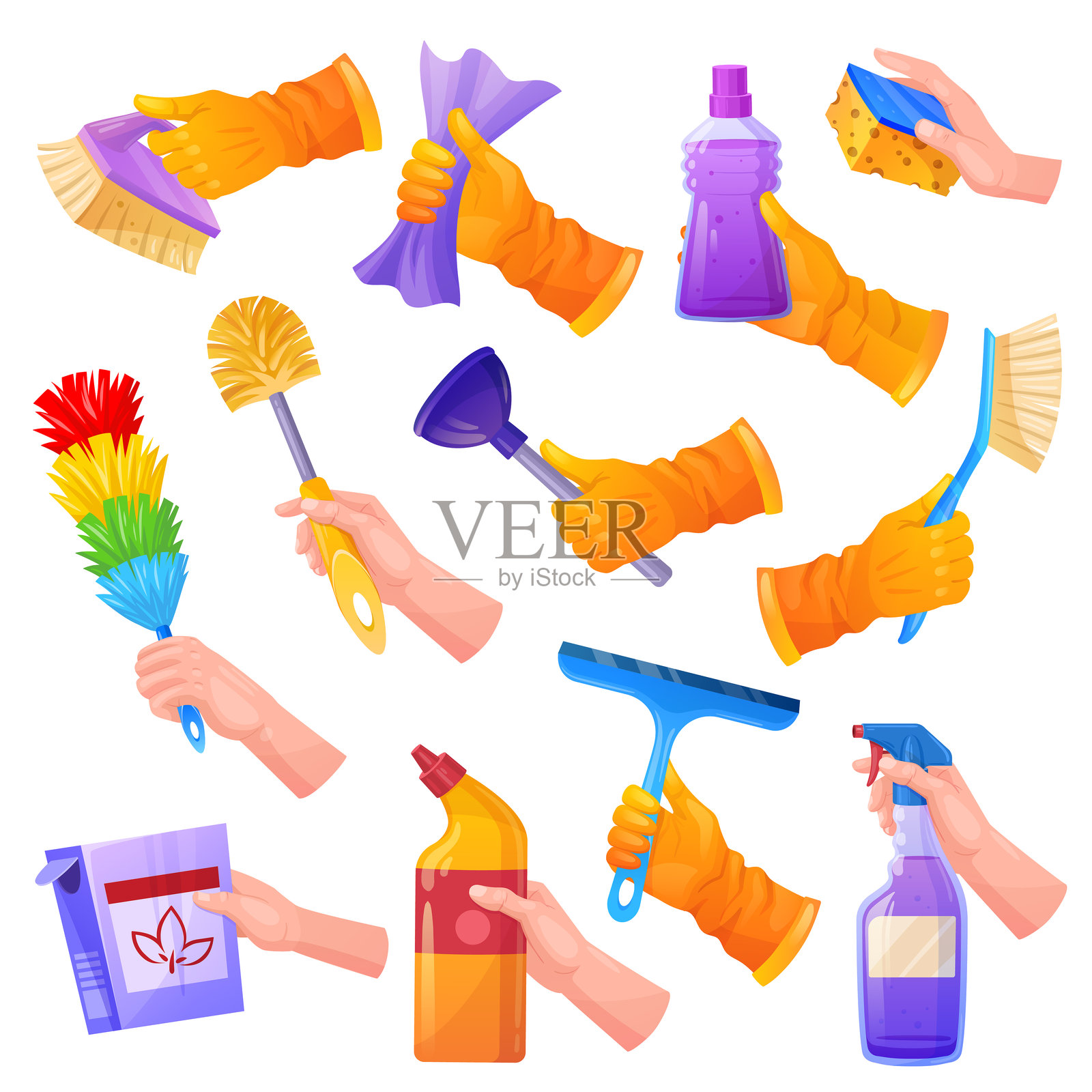 手握清洁工具。戴手套的手握着清洁表面的洗涤剂，刷子、挤压海绵、窗户刮水器、喷雾布或抹布，整洁的矢量插图。插画图片素材