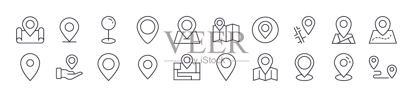 地图图钉线条图标集合。可编辑的线条。用于卡片、应用程序、横幅和帖子设计的极简线性图标。插画图片素材