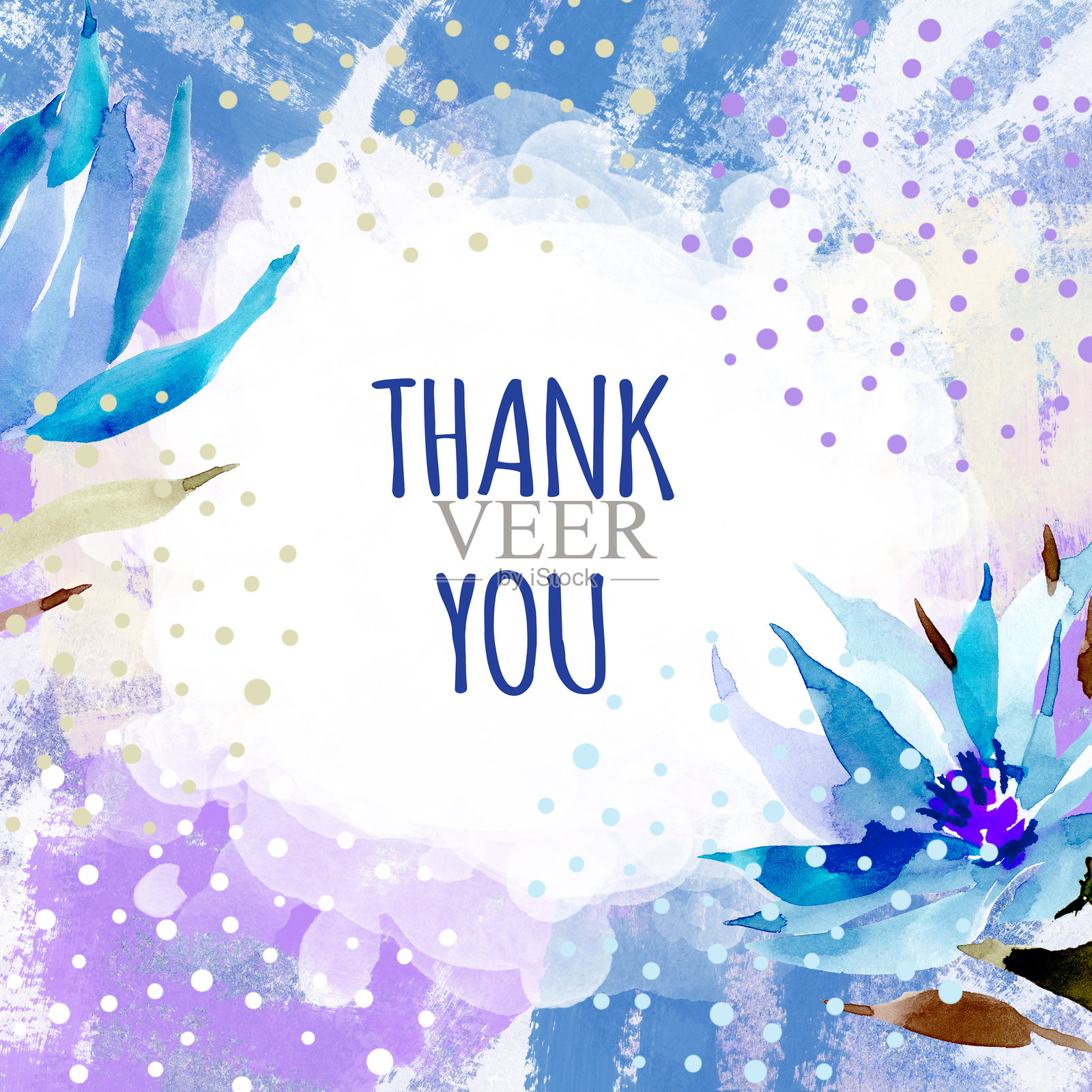 水彩春季精致背景，带有蓝色花朵、花蕾和“谢谢”字样插画图片素材