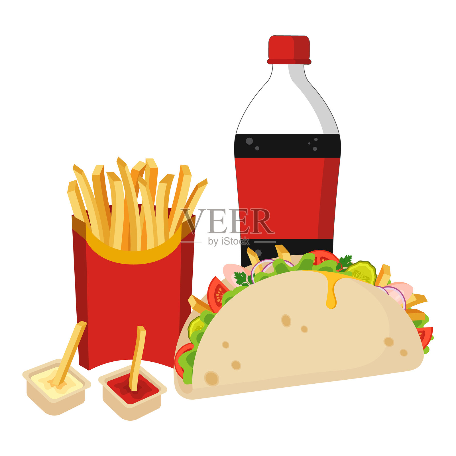 快餐组合 – 苏打水、薯条和塔可。矢量插图插画图片素材