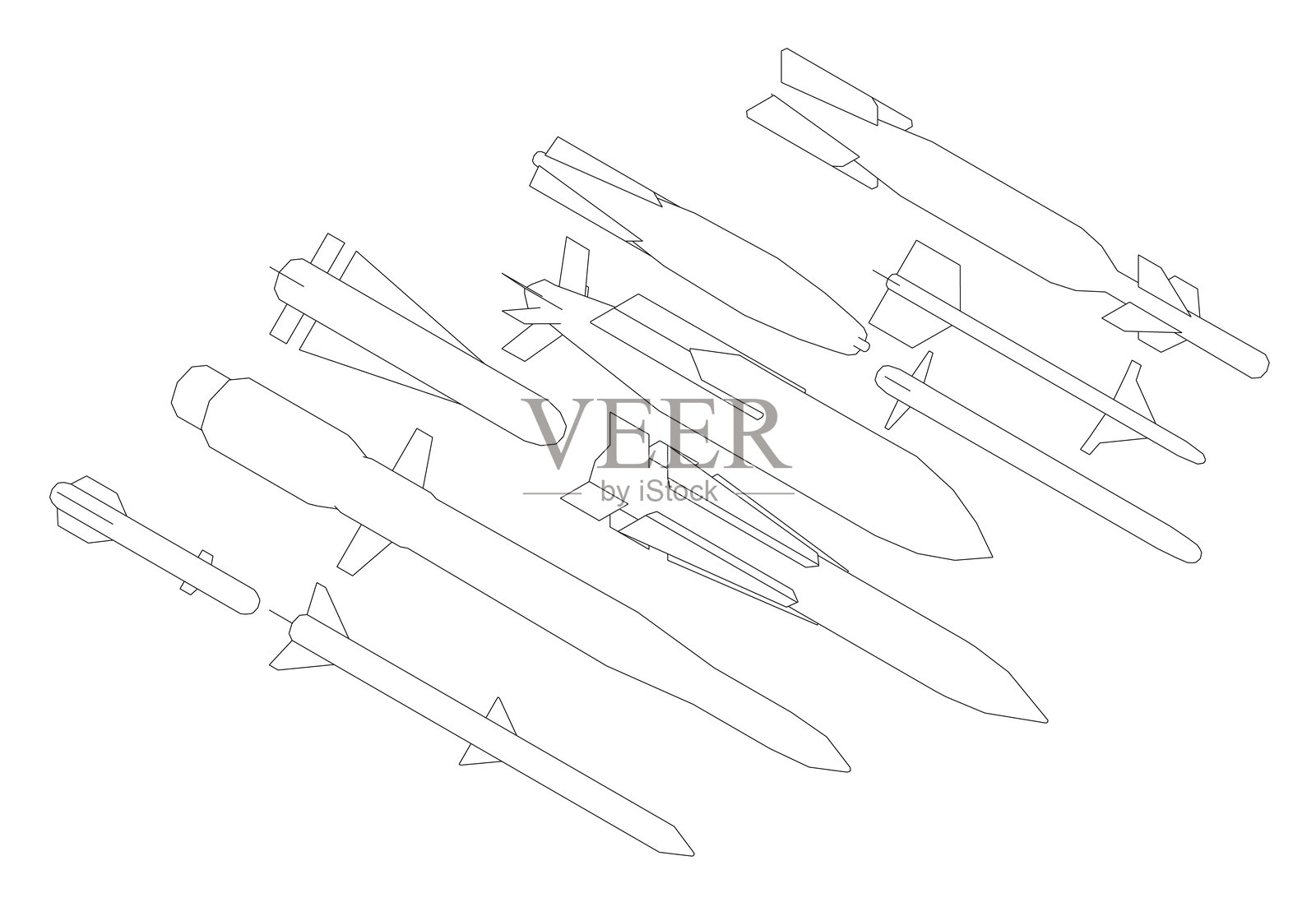 一系列火箭排成一排，火箭的大小和形状各不相同。等轴测视图。插画图片素材