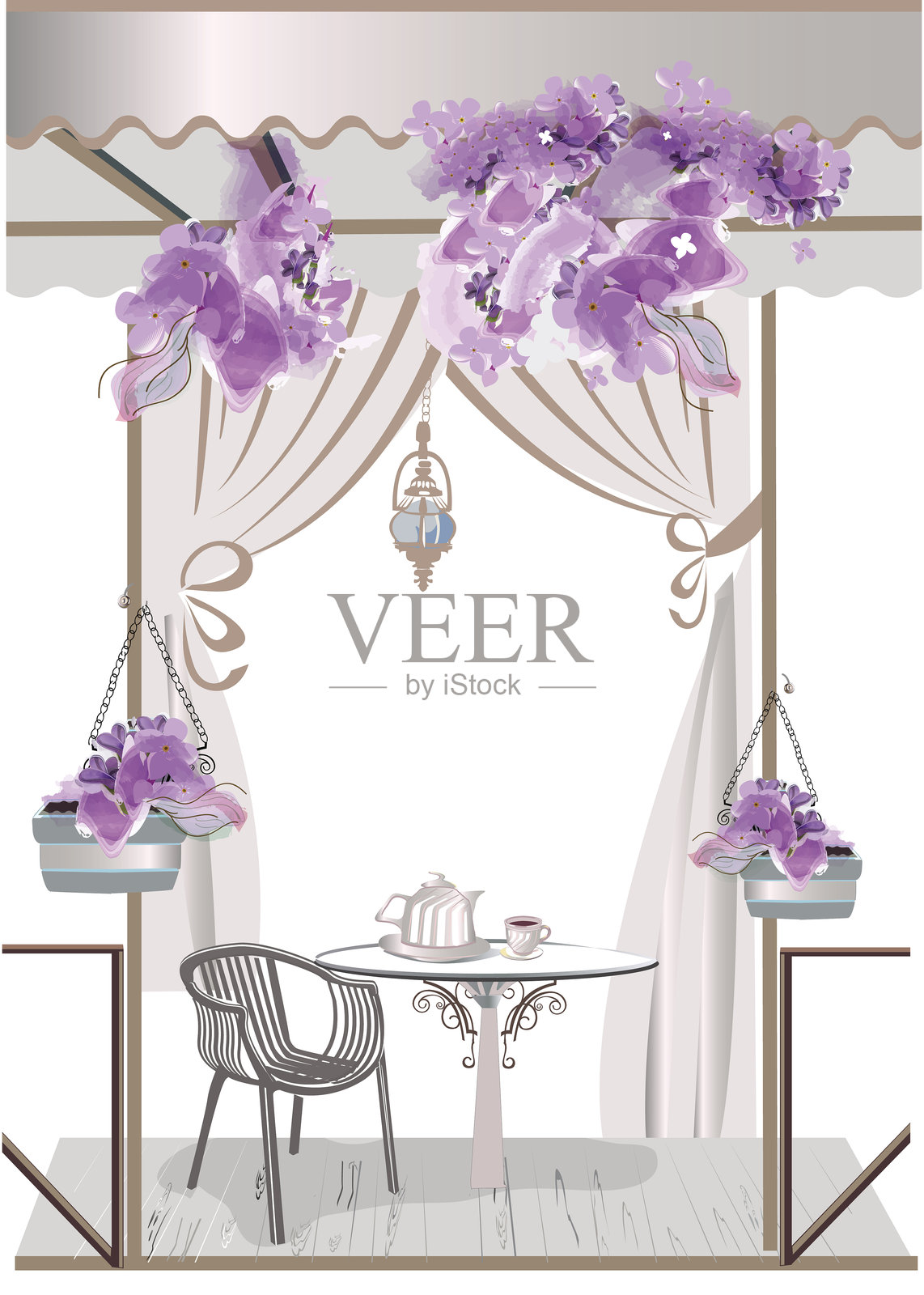 一系列装饰有花卉、古镇景观和街头咖啡馆的背景。咖啡馆窗户。插画图片素材