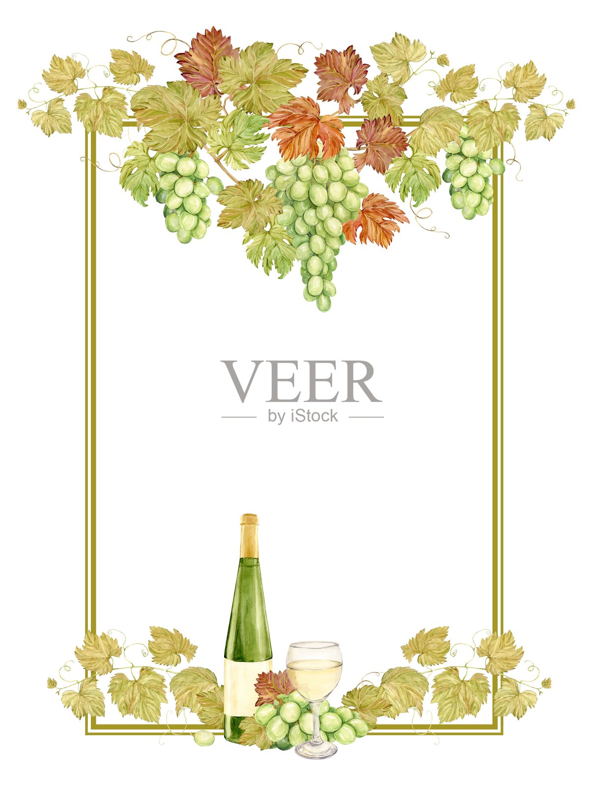 水彩垂直框架，内含葡萄、酒瓶和酒杯。描绘了葡萄藤、绿色浆果和叶子。适用于白葡萄酒、果酱、果汁标签的框架。适合用于酒吧、咖啡馆、餐厅的剪贴画。插画图片素材