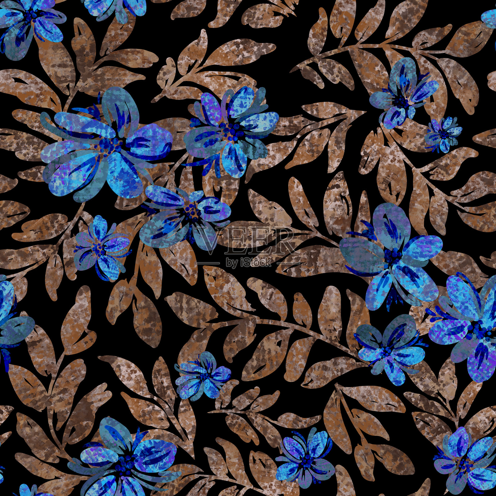 水彩画。无缝花卉图案，色彩鲜艳的花朵和叶子。时尚印刷的优雅模板。现代花卉背景。时尚的民俗风格。民族风格。霓虹色。插画图片素材