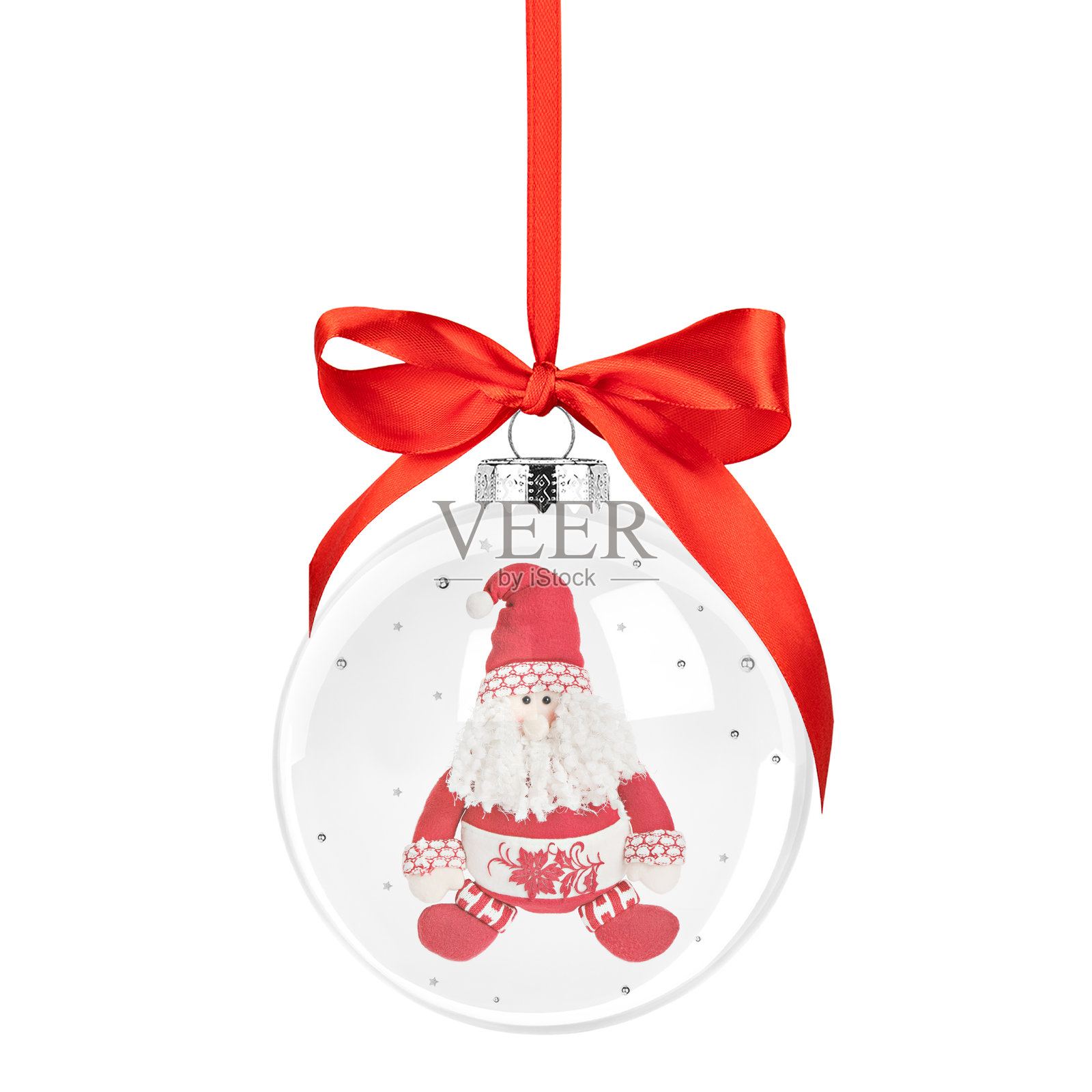 透明玻璃圣诞球内含圣诞树玩具，背景为白色。照片摄影图片