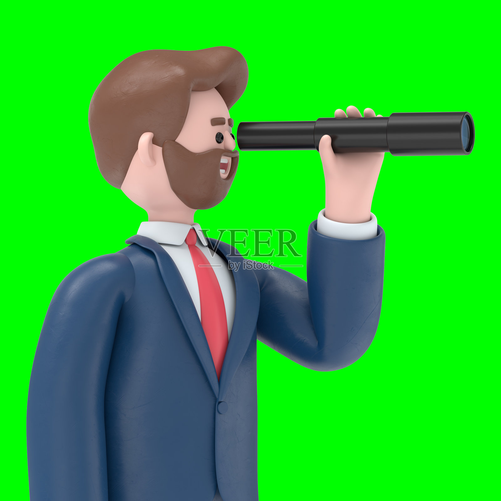 3D插图：留胡子的美国商人鲍勃通过望远镜观察未来。绿幕模板。3D渲染，适用于绿幕素材和抠图。照片摄影图片