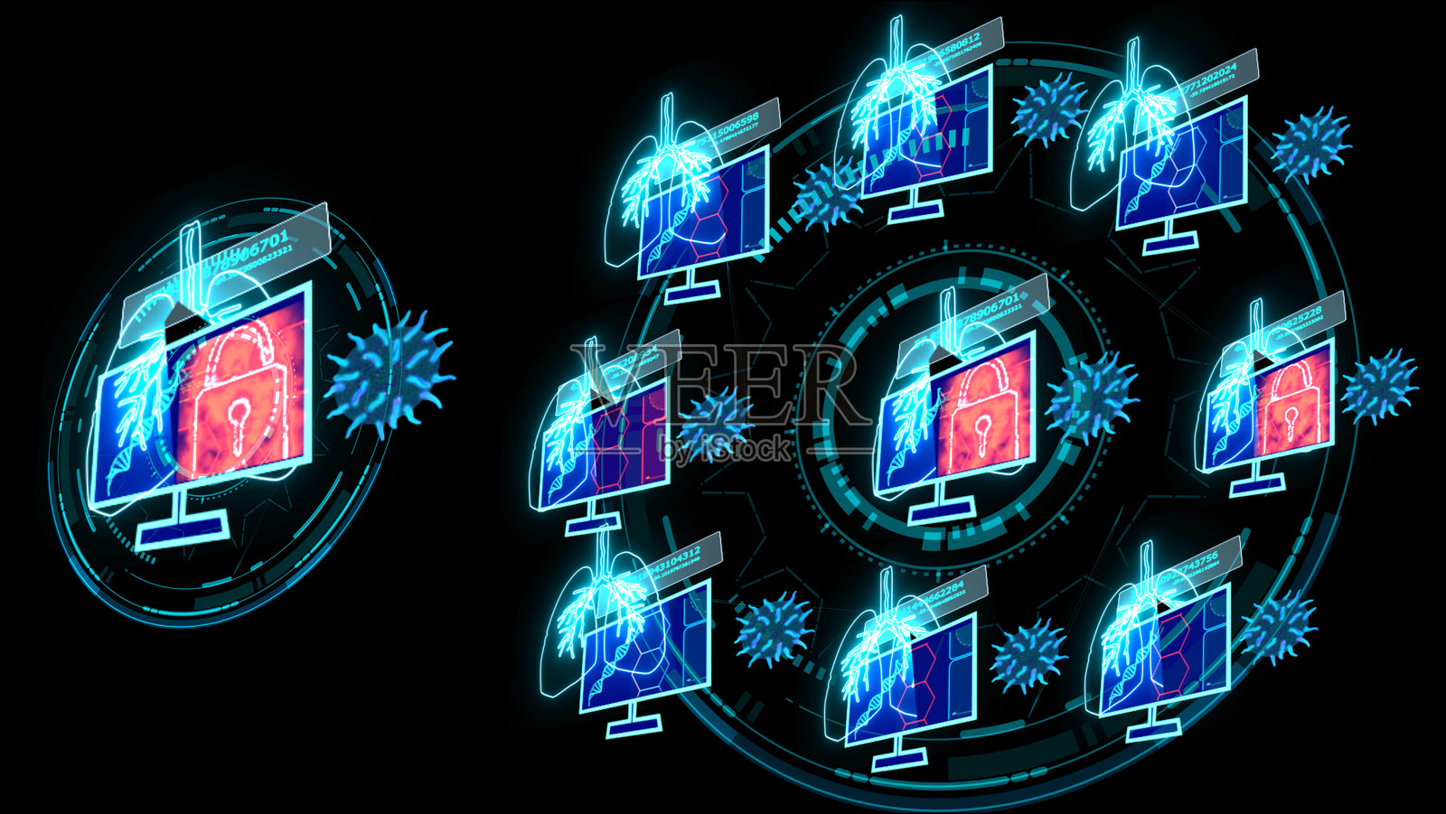 监视器上模拟新冠病毒的点对点无线网络连接，数字肺技术用于研究疫苗突变，红色安全锁。照片摄影图片