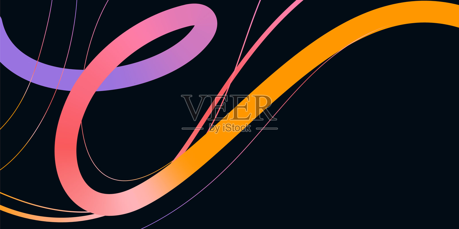 优雅的抽象波浪线和涂鸦草图，背景为黑色，色彩鲜艳。俏皮的几何流动有机形状独立展示。时尚的彩色自由手绘线条涂鸦。插画图片素材