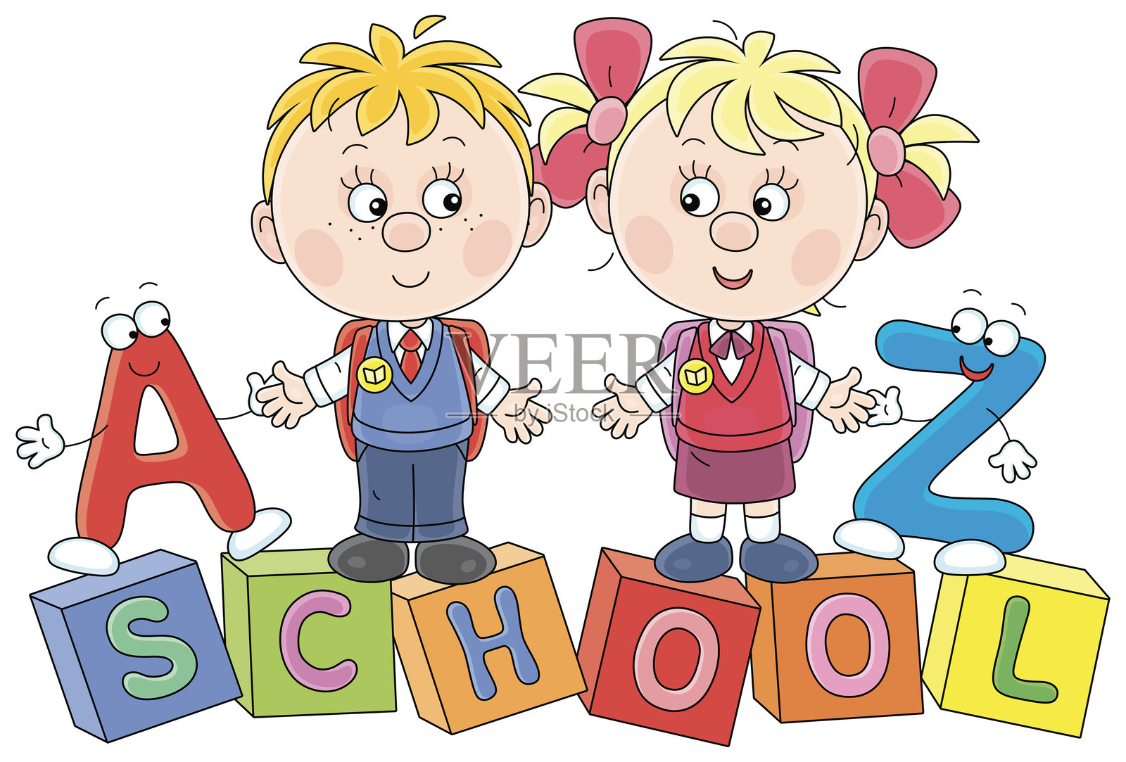 快乐的小一年级学生背着书包插画图片素材